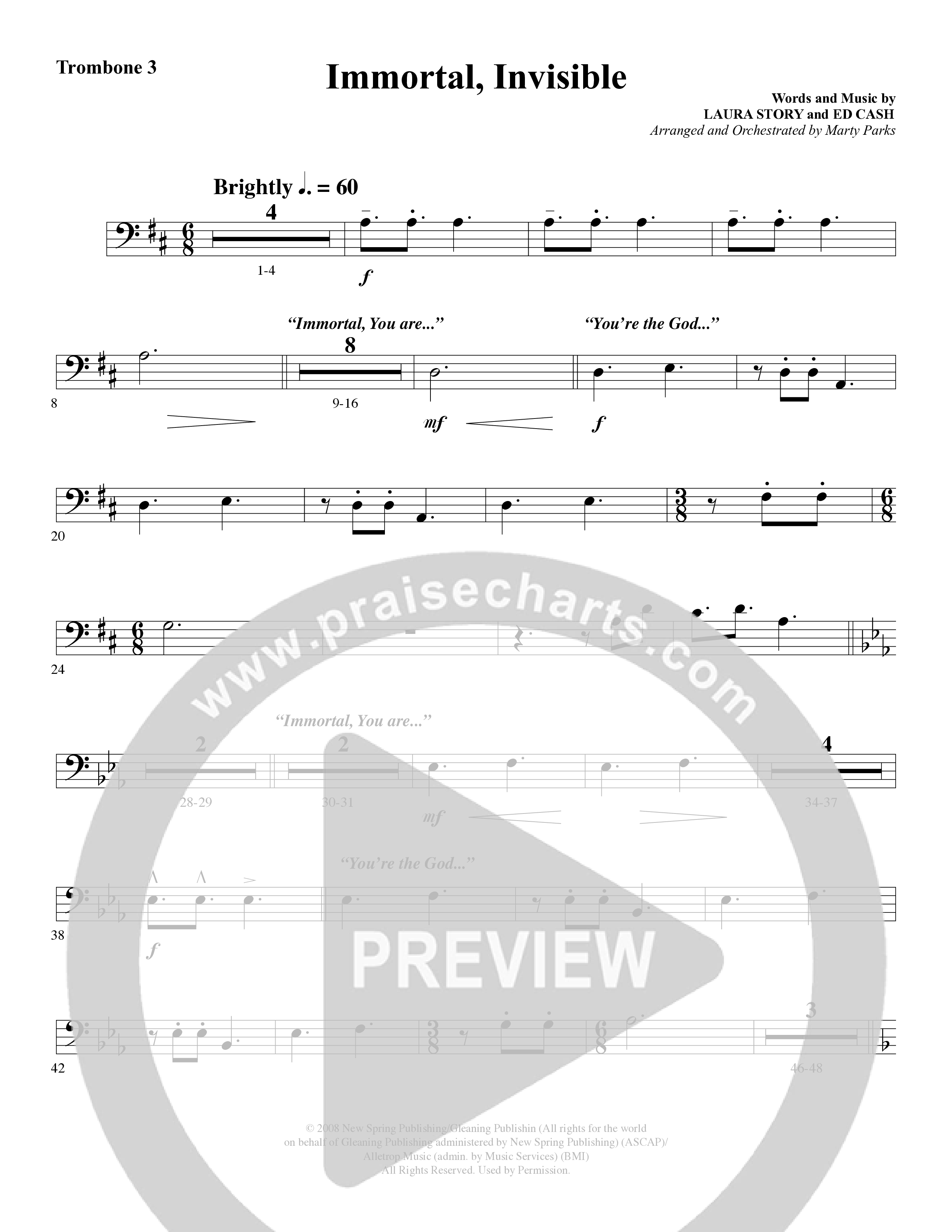 Immortal, Invisible (Choral Anthem SATB) Trombone 3 (Word Music Choral / Arr. Marty Parks)