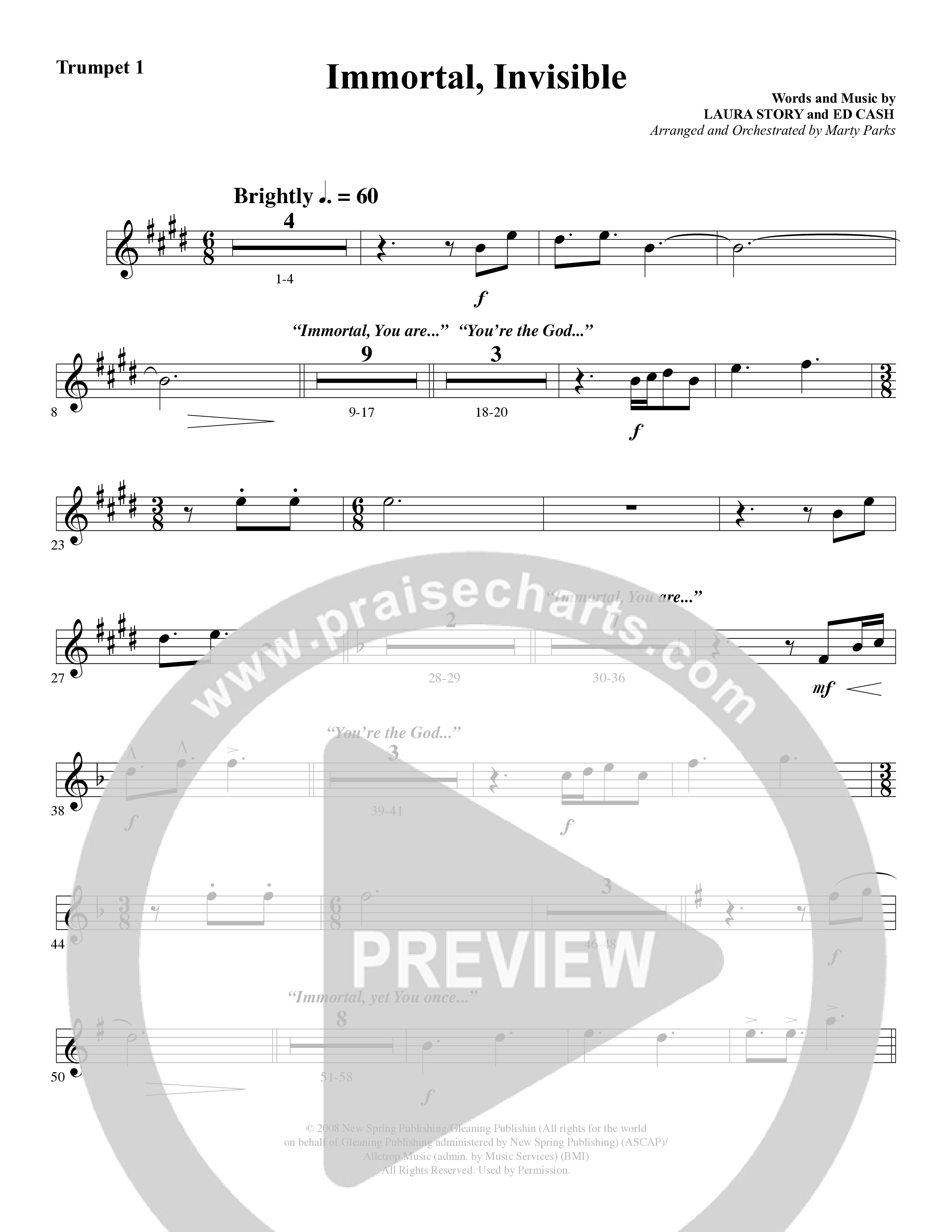 Immortal, Invisible (Choral Anthem SATB) Trumpet 1 (Word Music Choral / Arr. Marty Parks)