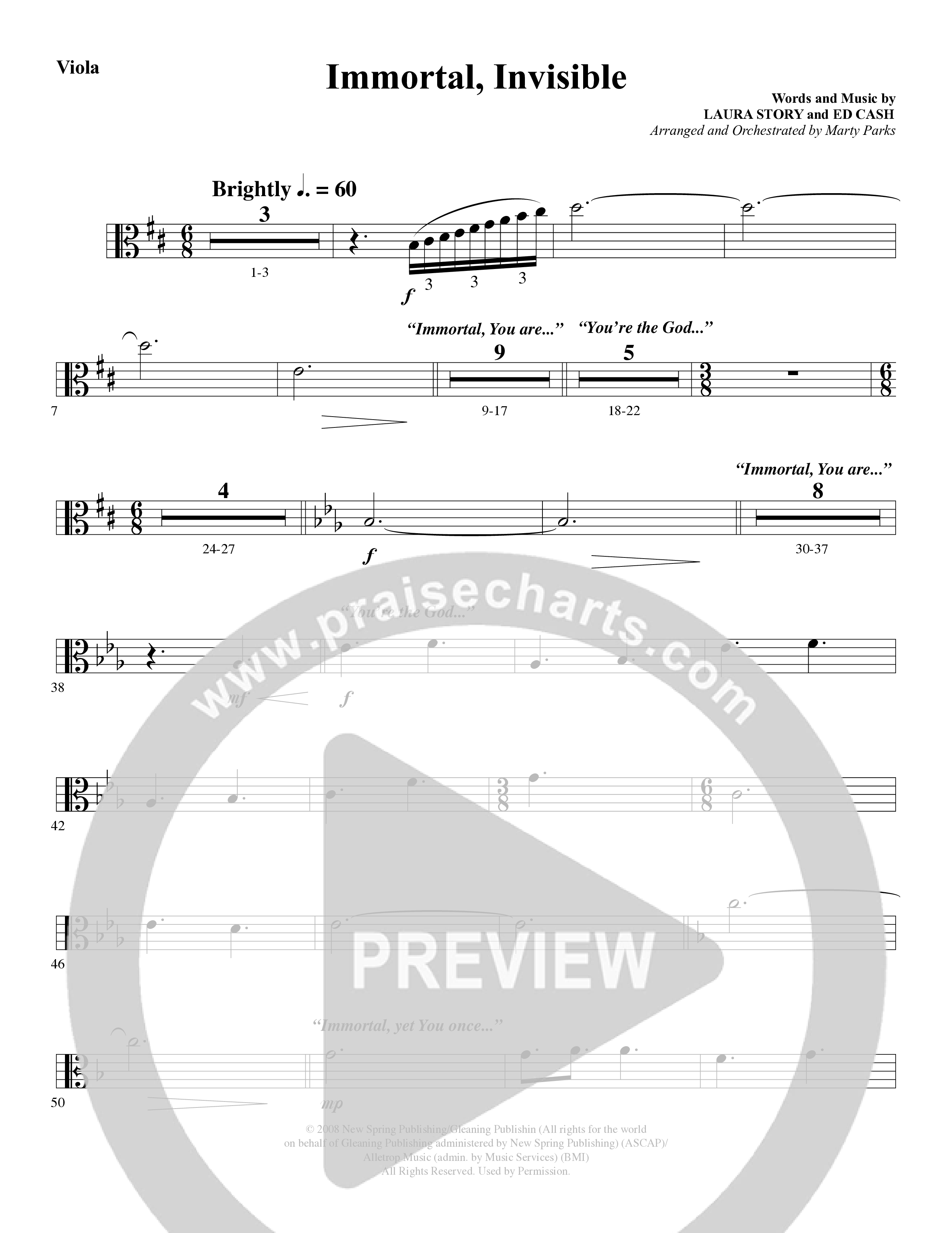 Immortal, Invisible (Choral Anthem SATB) Viola (Word Music Choral / Arr. Marty Parks)