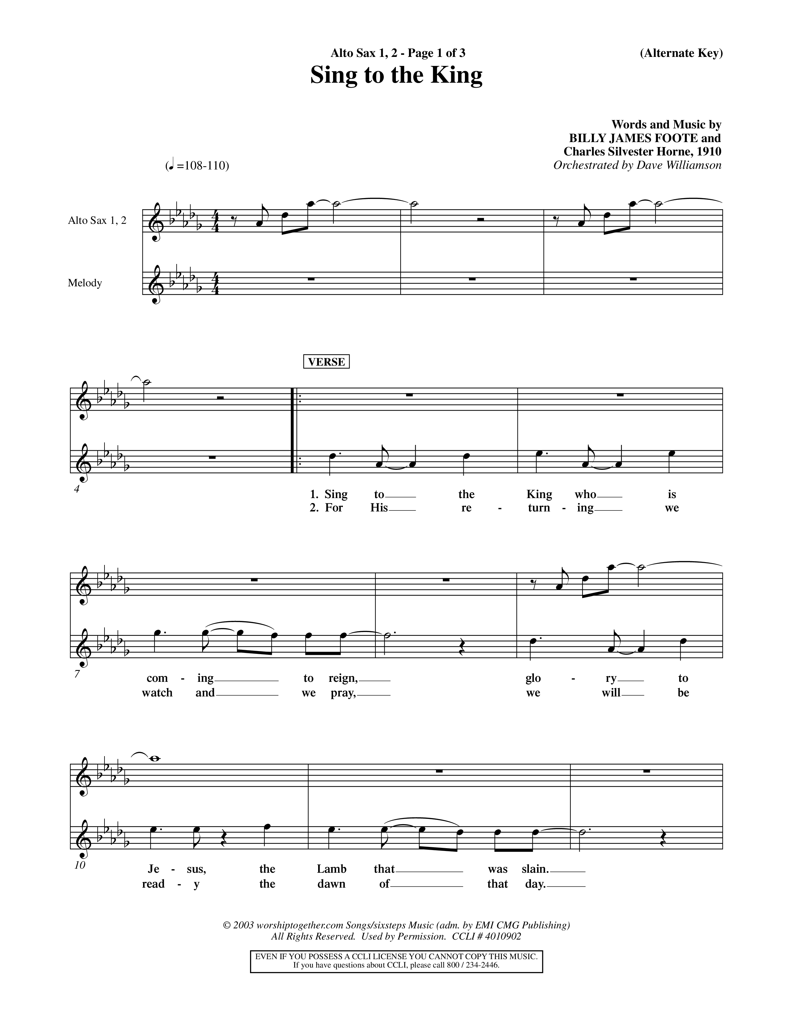 Sing To The King (Choral Anthem SATB) Alto Sax 1/2 (Word Music Choral / Orch. Dave Williamson)