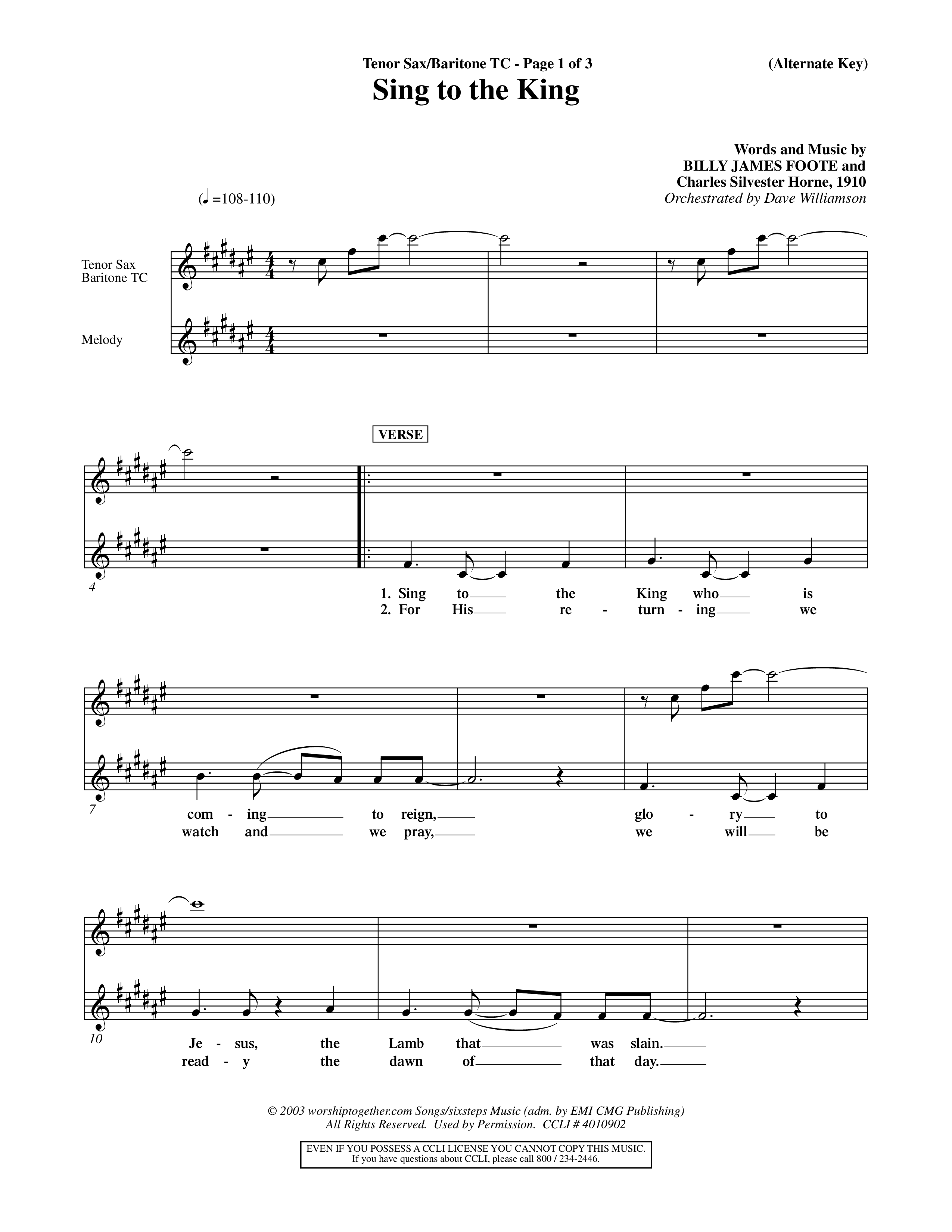 Sing To The King (Choral Anthem SATB) Tenor Sax/Baritone T.C. (Word Music Choral / Orch. Dave Williamson)
