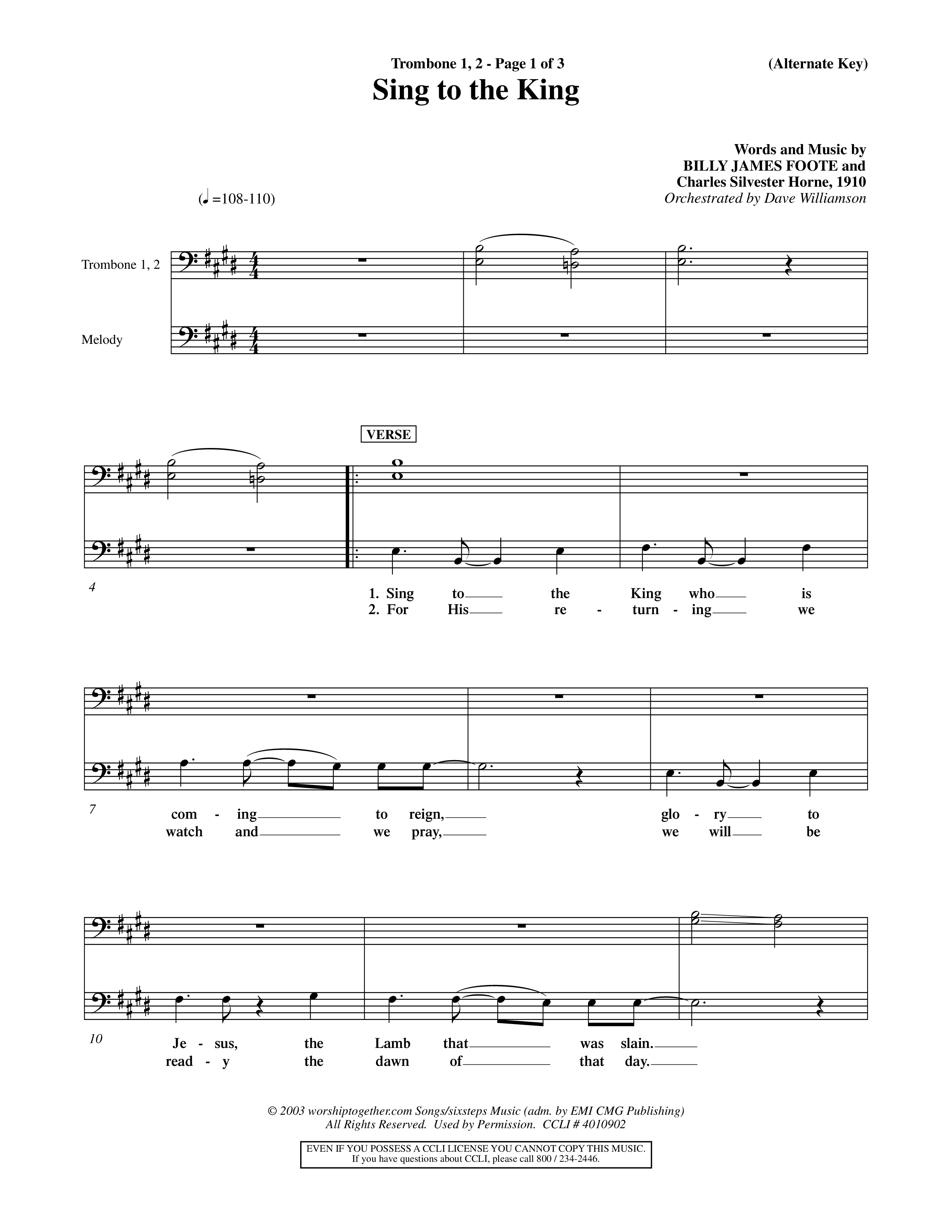 Sing To The King (Choral Anthem SATB) Trombone 1/2 (Word Music Choral / Orch. Dave Williamson)