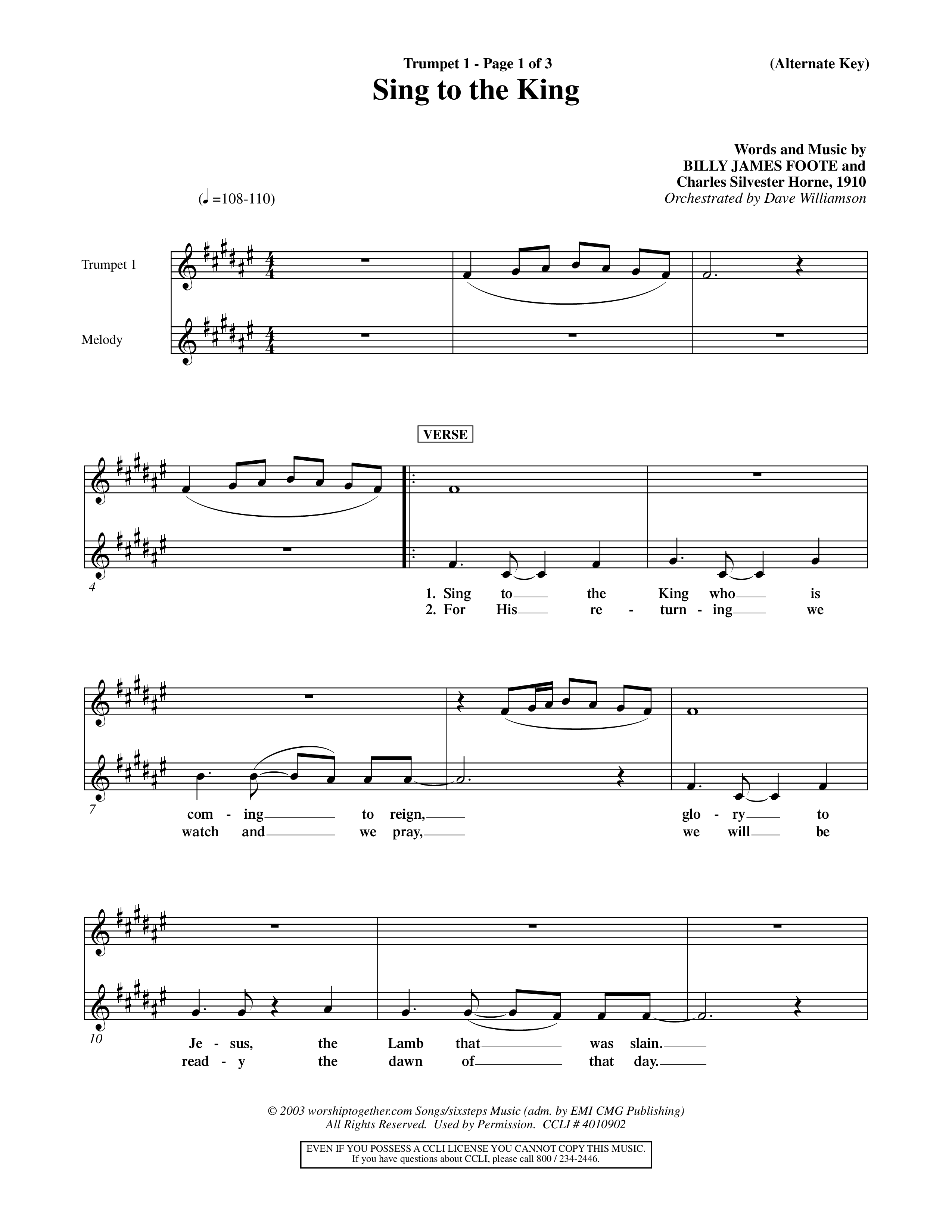 Sing To The King (Choral Anthem SATB) Trumpet 1 (Word Music Choral / Orch. Dave Williamson)