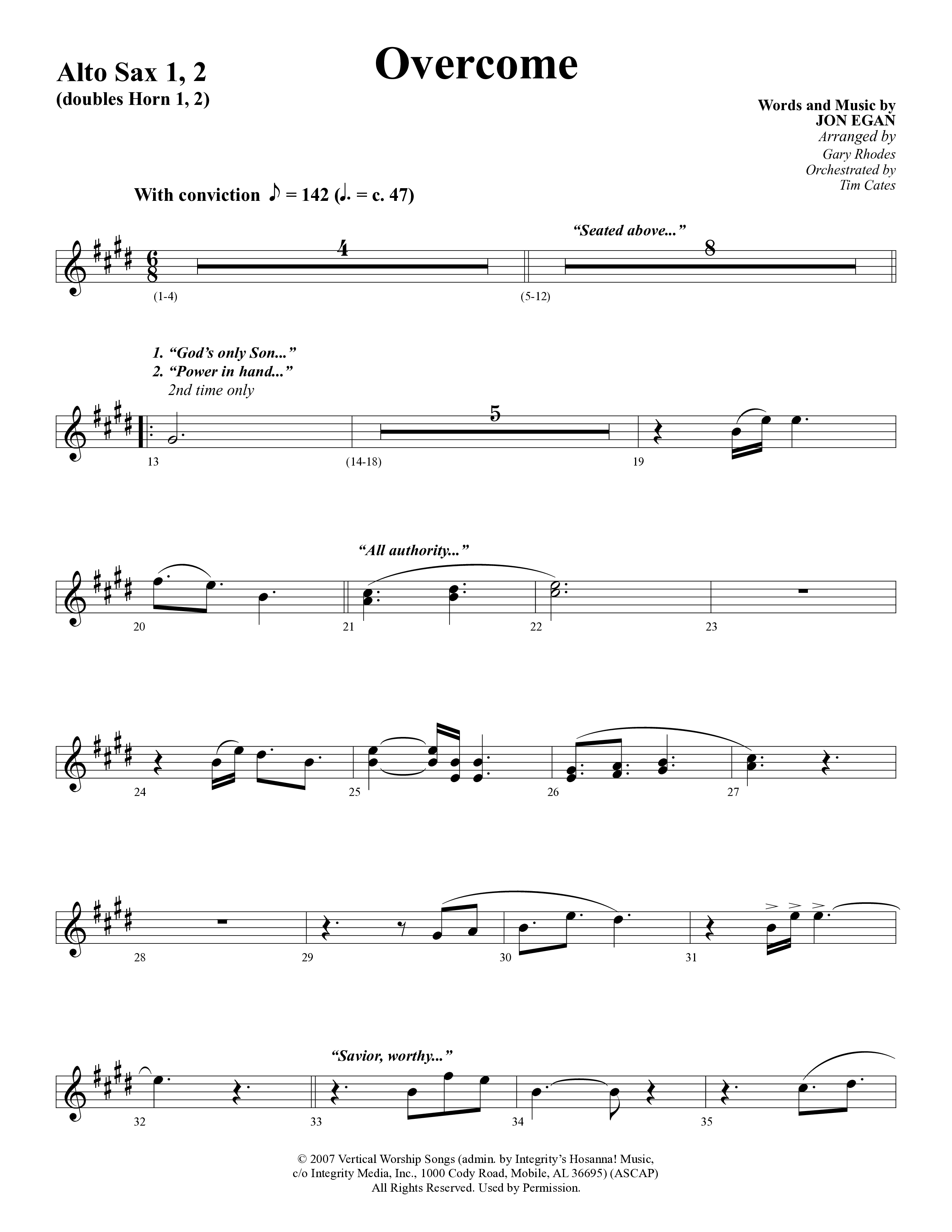 Overcome (Choral Anthem SATB) Alto Sax 1/2 (Word Music Choral / Arr. Gary Rhodes)