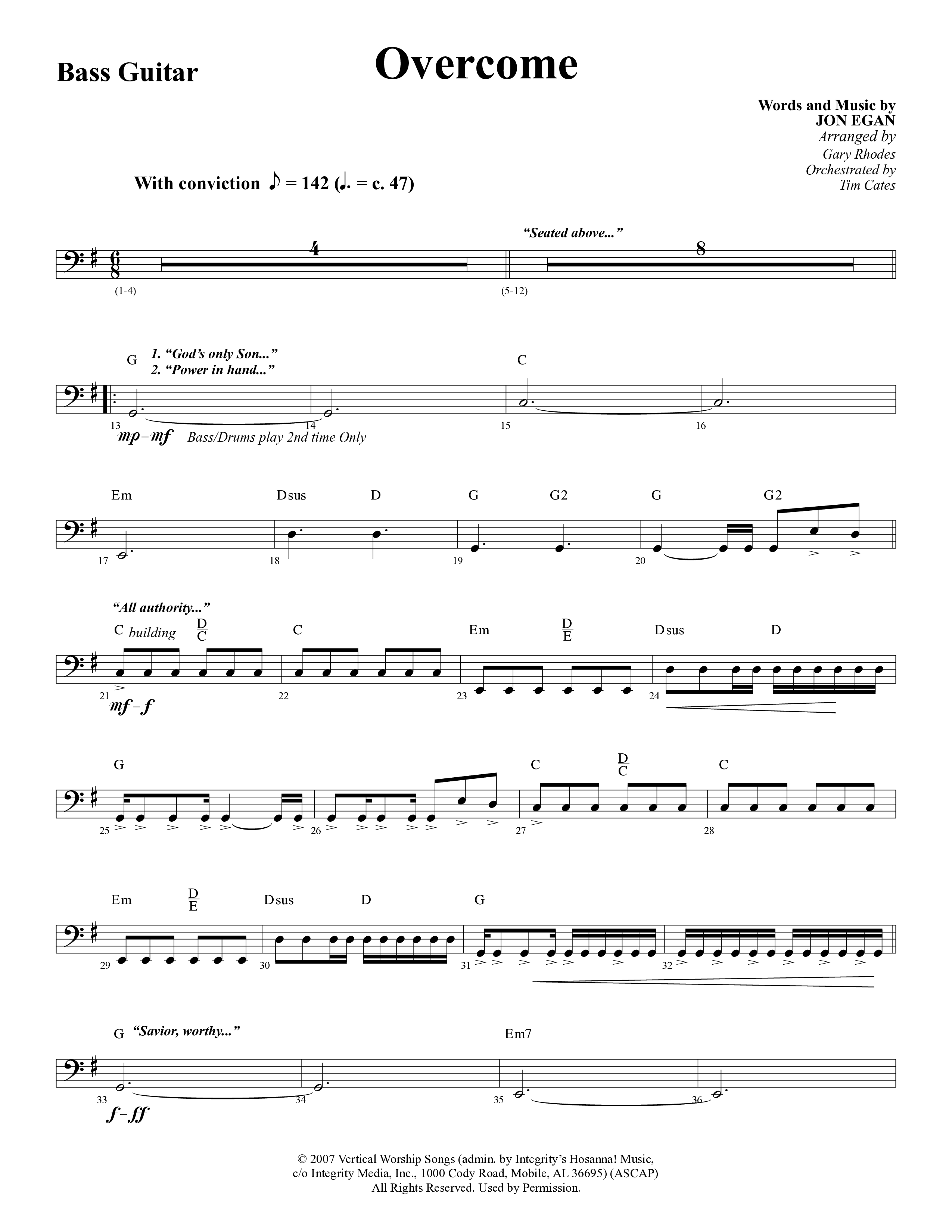 Overcome (Choral Anthem SATB) Bass Guitar (Word Music Choral / Arr. Gary Rhodes)