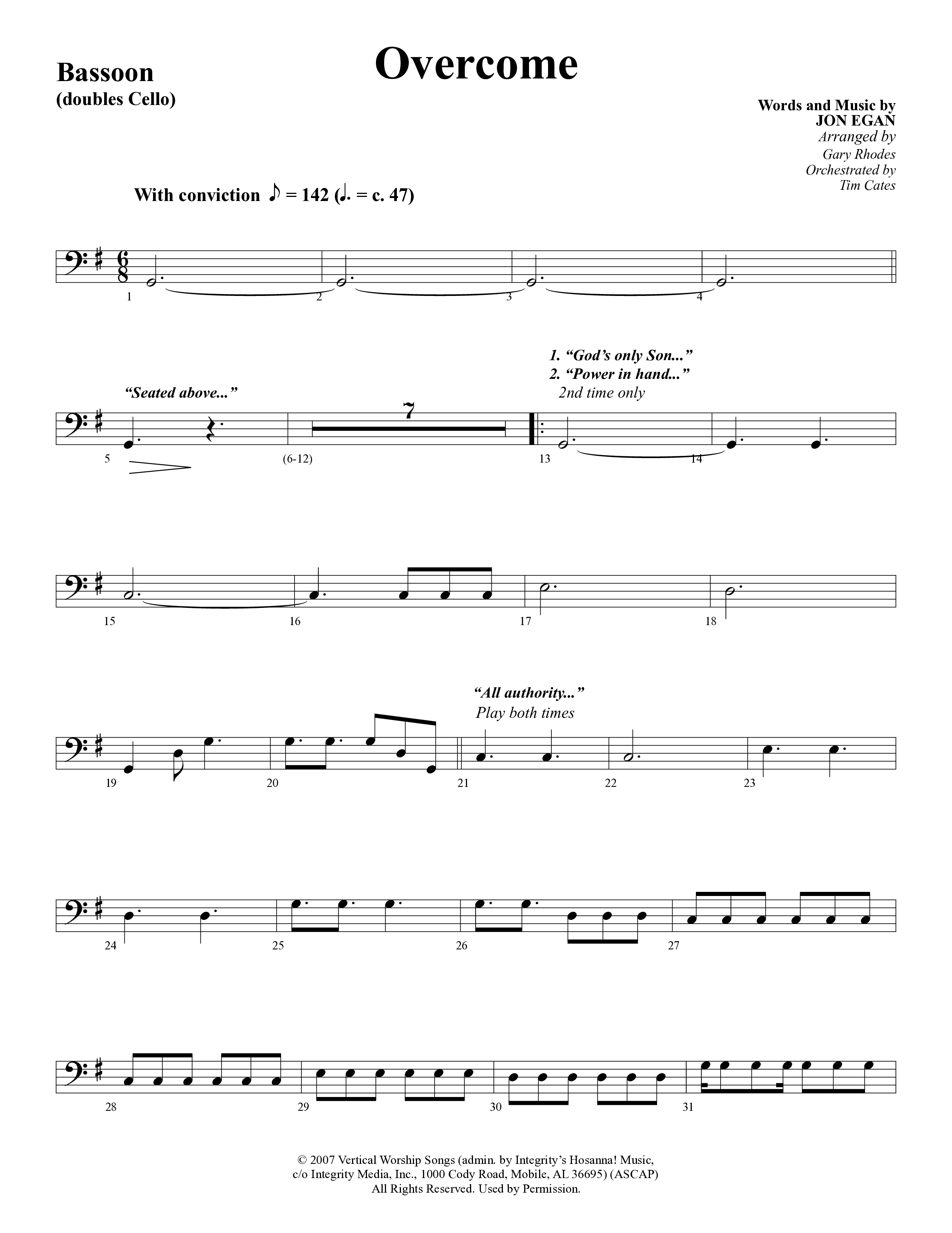 Overcome (Choral Anthem SATB) Bassoon (Word Music Choral / Arr. Gary Rhodes)