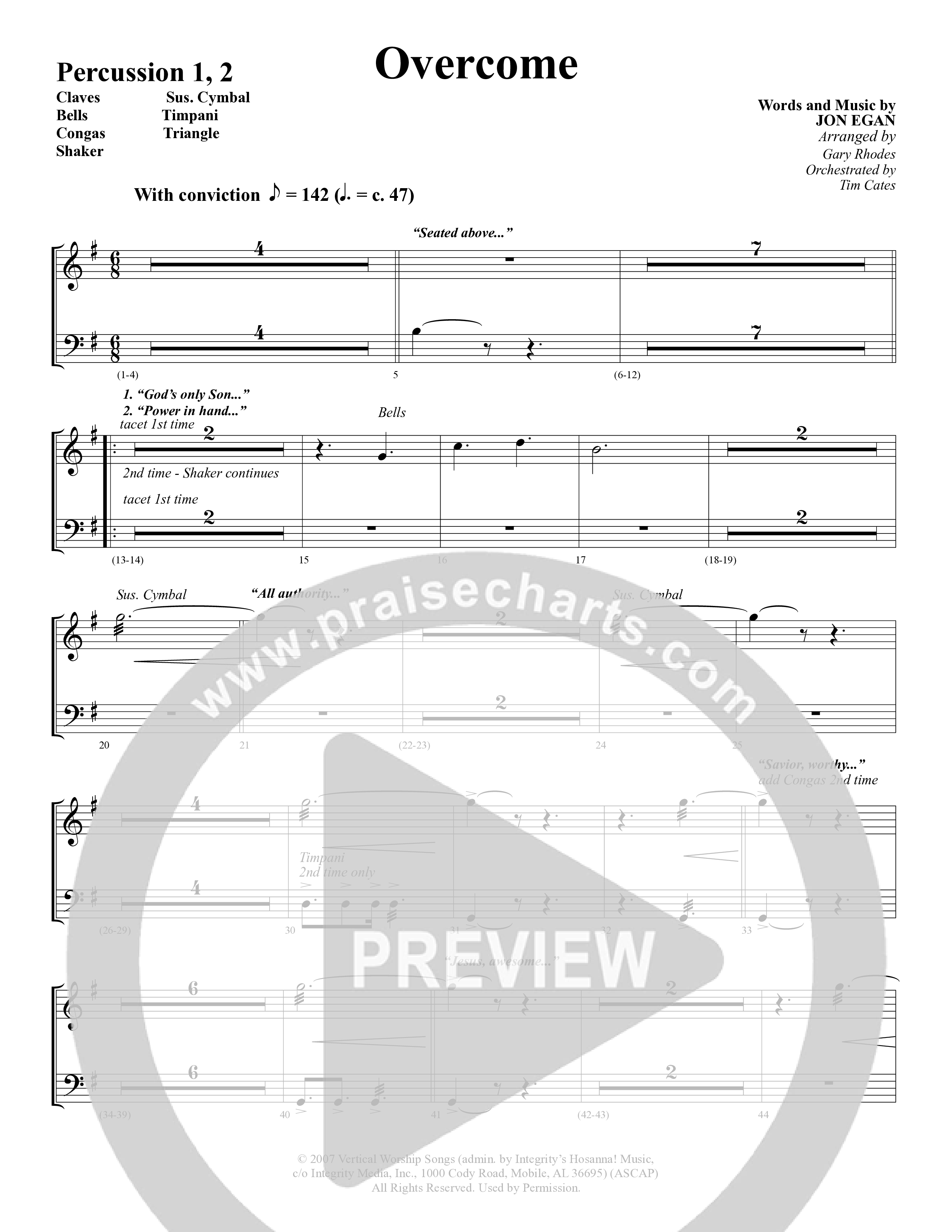 Overcome (Choral Anthem SATB) Percussion 1/2 (Word Music Choral / Arr. Gary Rhodes)
