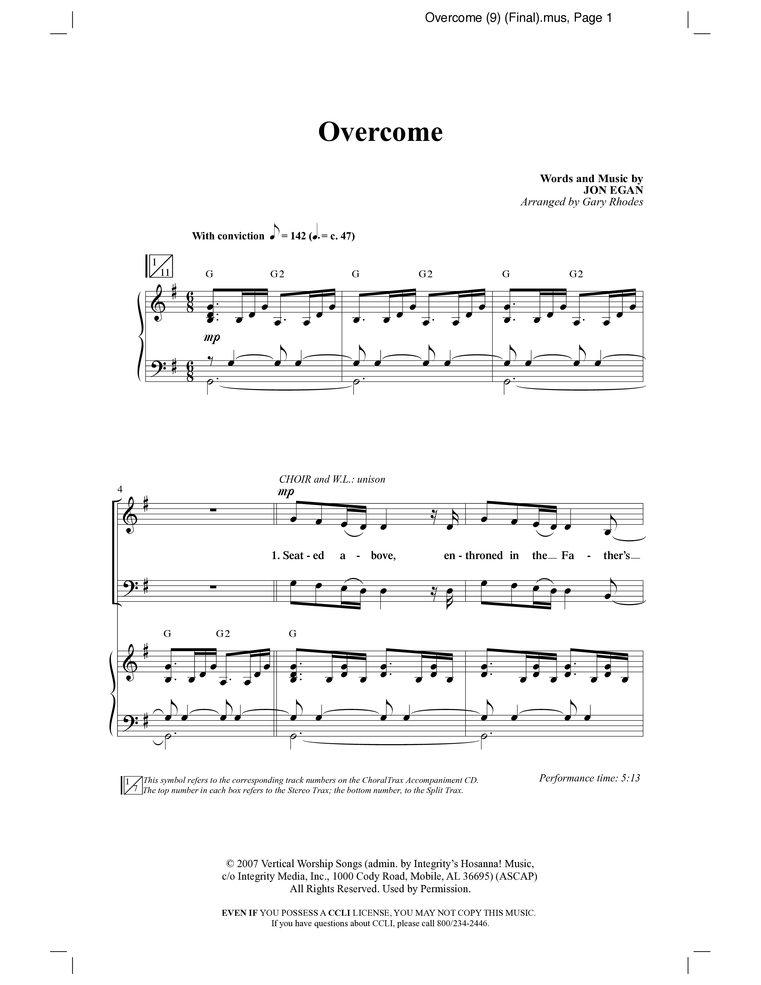 Overcome (Choral Anthem SATB) Anthem (SATB/Piano) (Word Music Choral / Arr. Gary Rhodes)