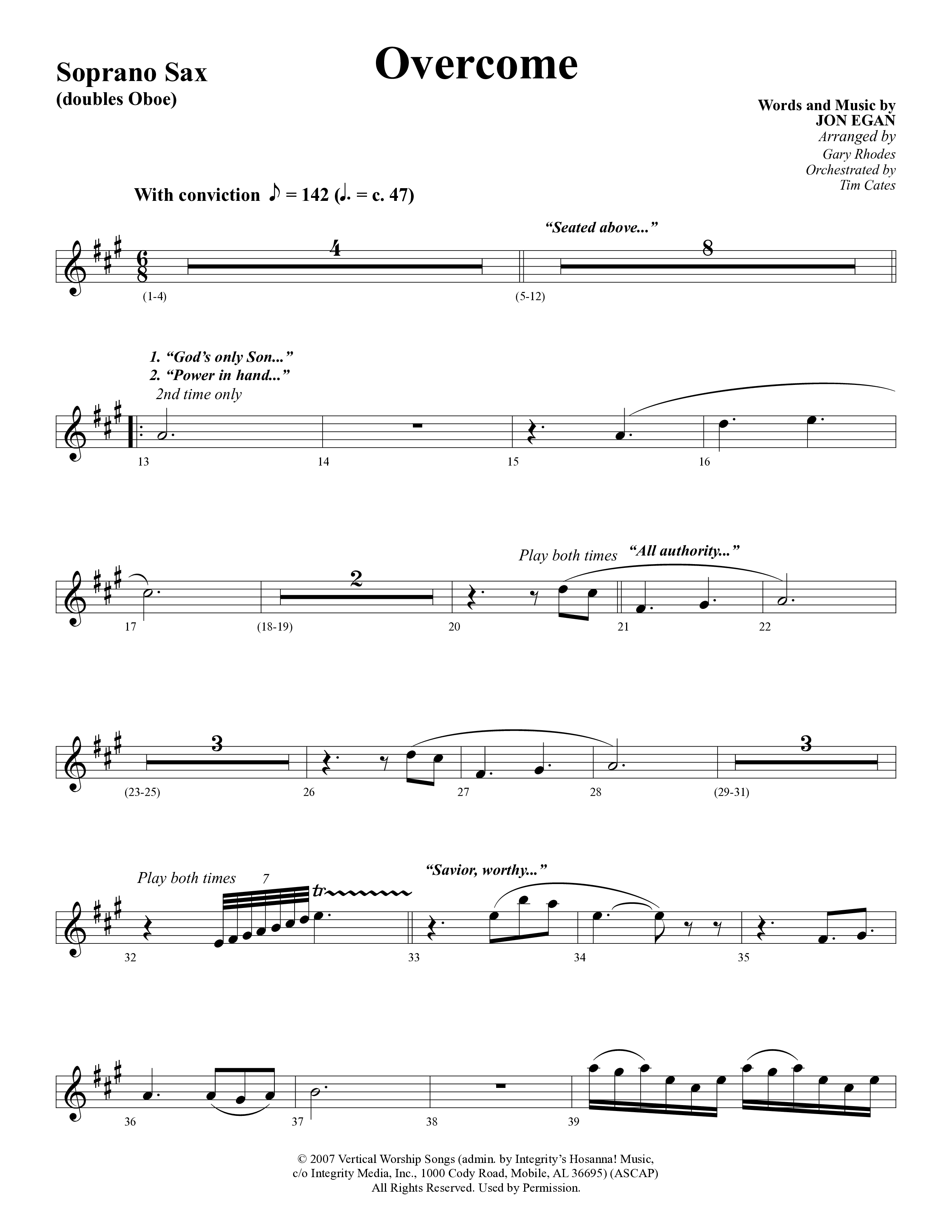 Overcome (Choral Anthem SATB) Soprano Sax (Word Music Choral / Arr. Gary Rhodes)