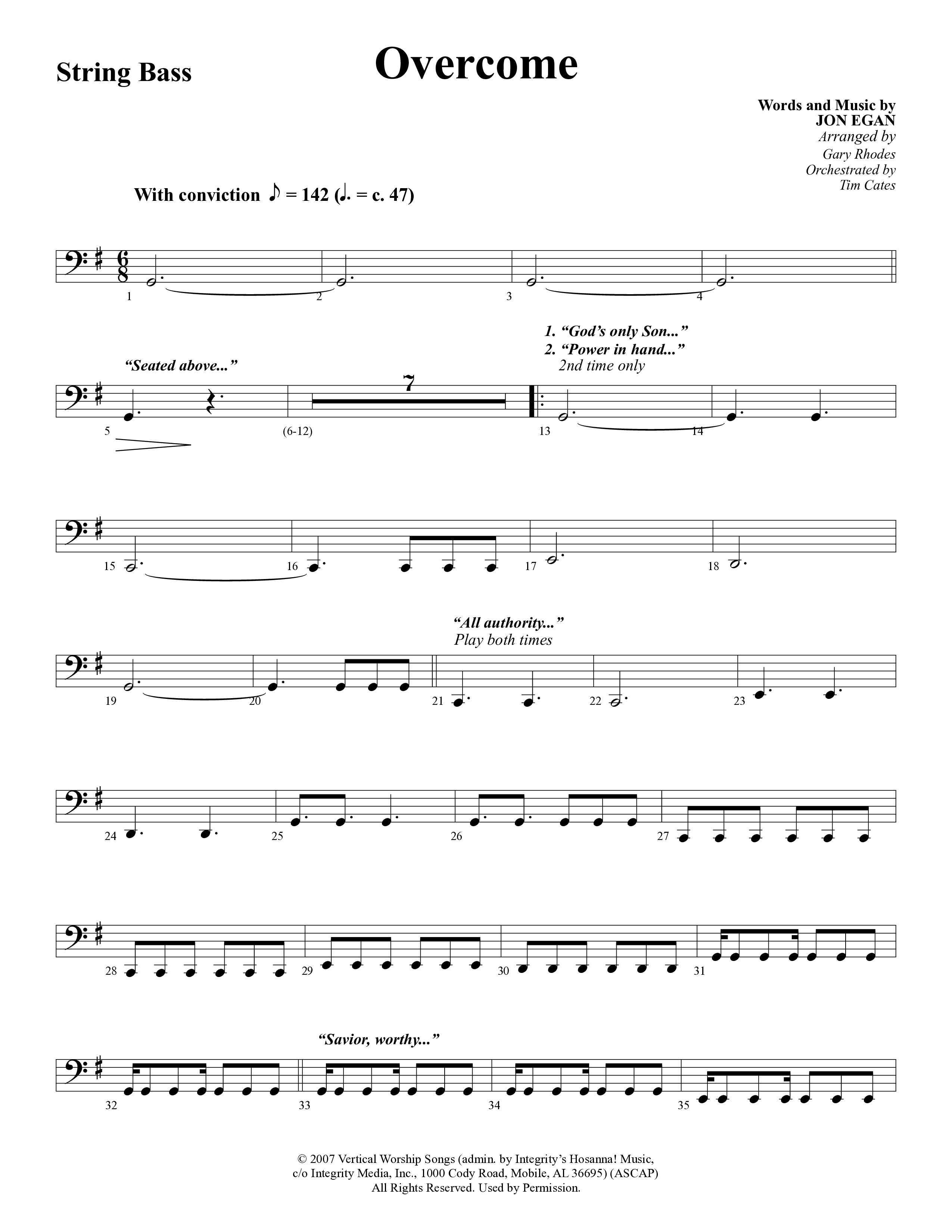 Overcome (Choral Anthem SATB) String Bass (Word Music Choral / Arr. Gary Rhodes)
