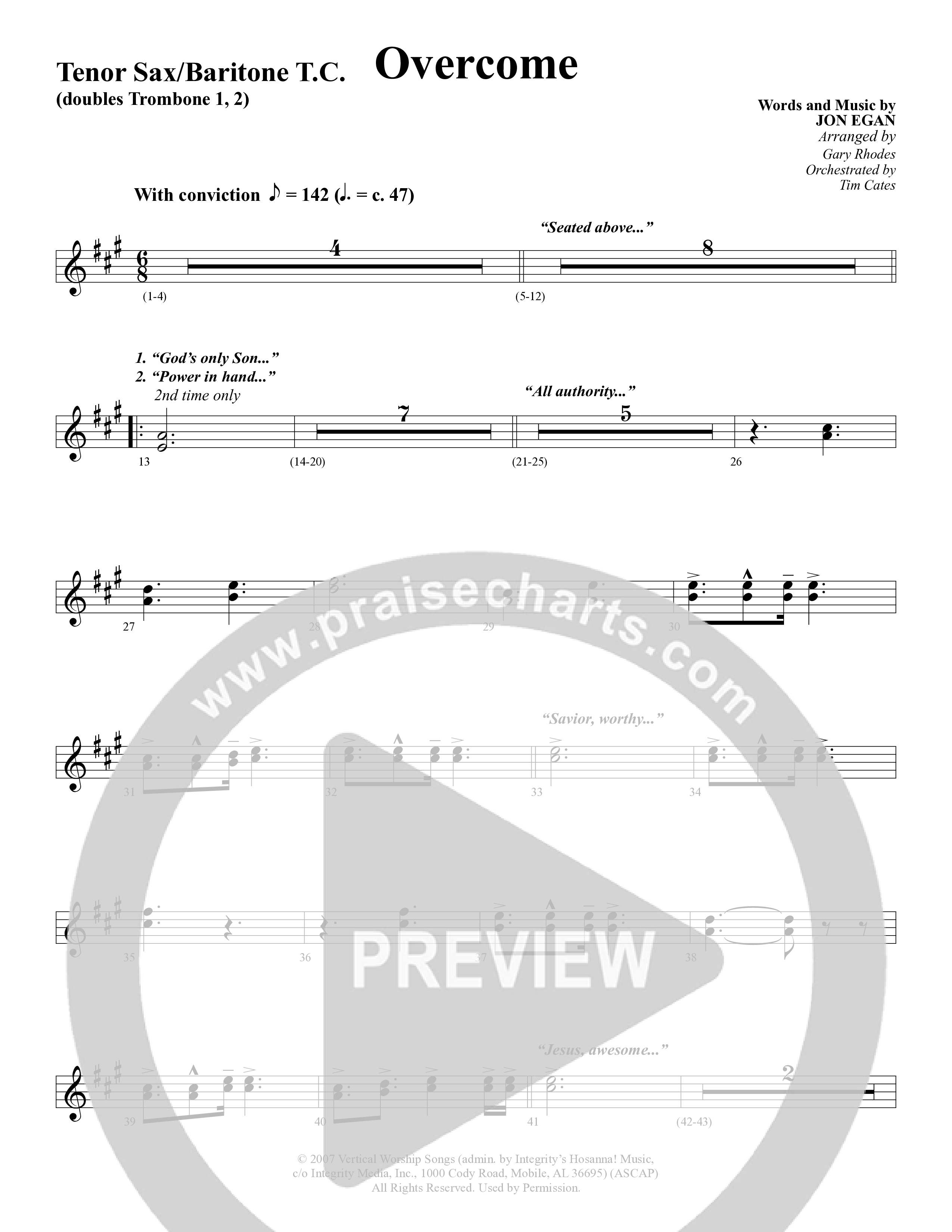 Overcome (Choral Anthem SATB) Tenor Sax/Baritone T.C. (Word Music Choral / Arr. Gary Rhodes)