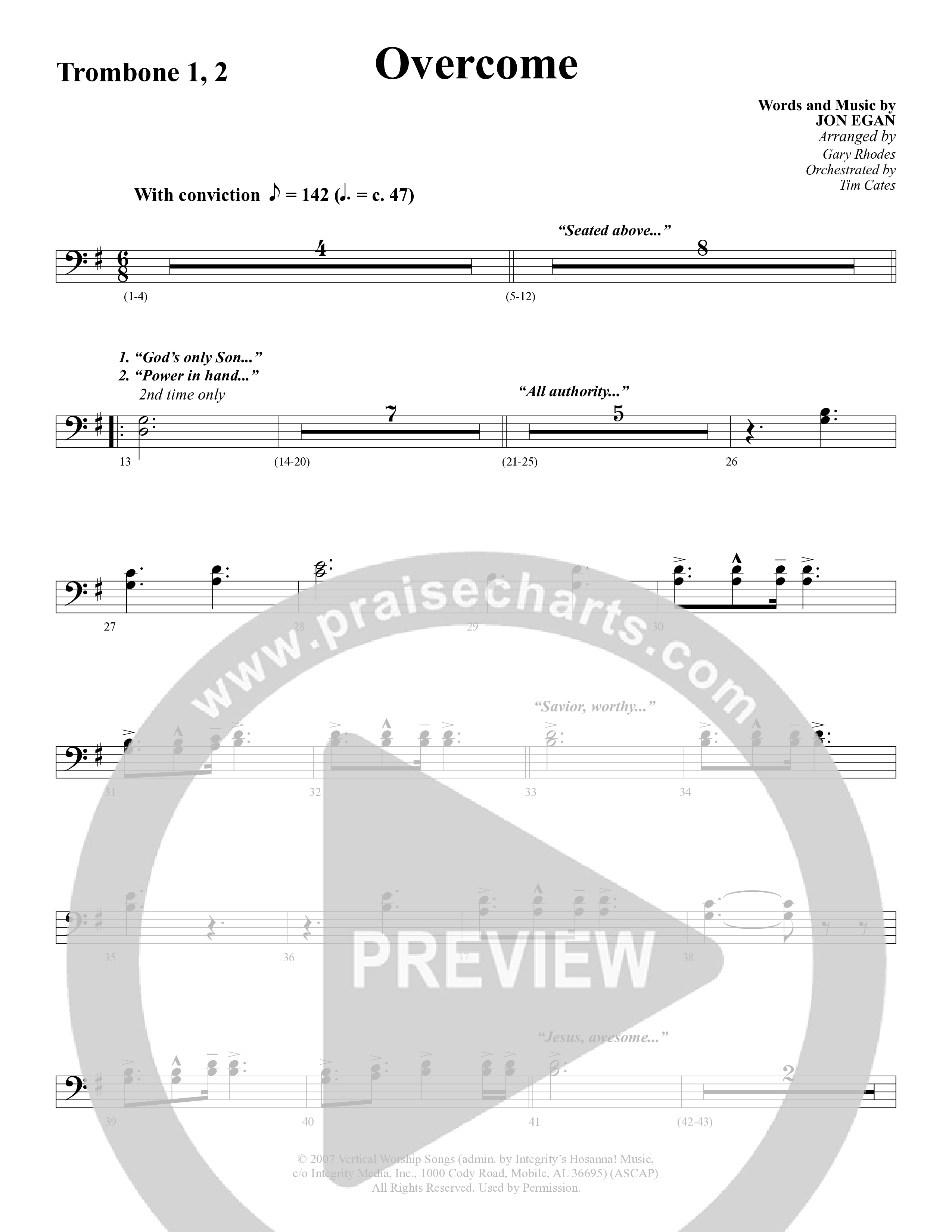 Overcome (Choral Anthem SATB) Trombone 1/2 (Word Music Choral / Arr. Gary Rhodes)