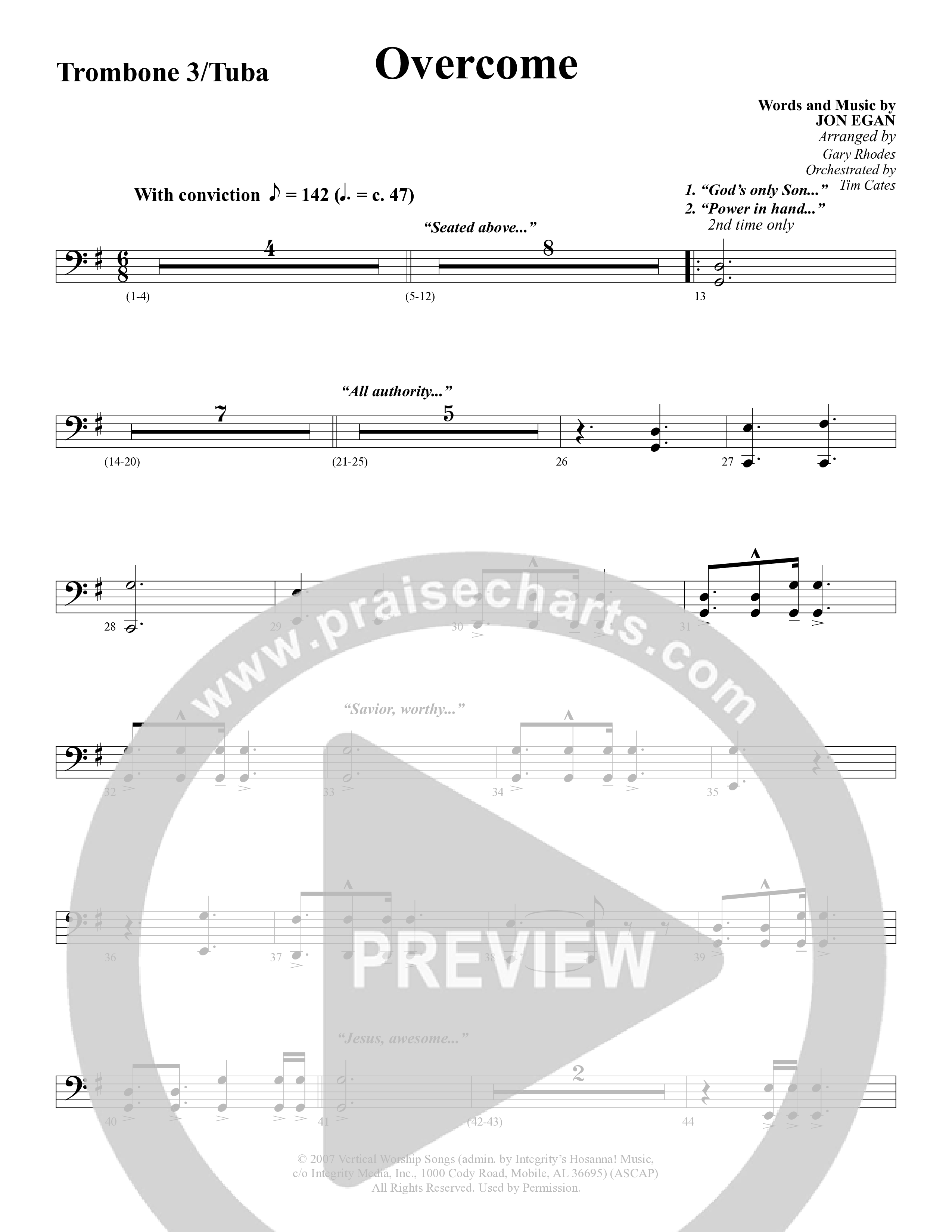 Overcome (Choral Anthem SATB) Trombone 3/Tuba (Word Music Choral / Arr. Gary Rhodes)