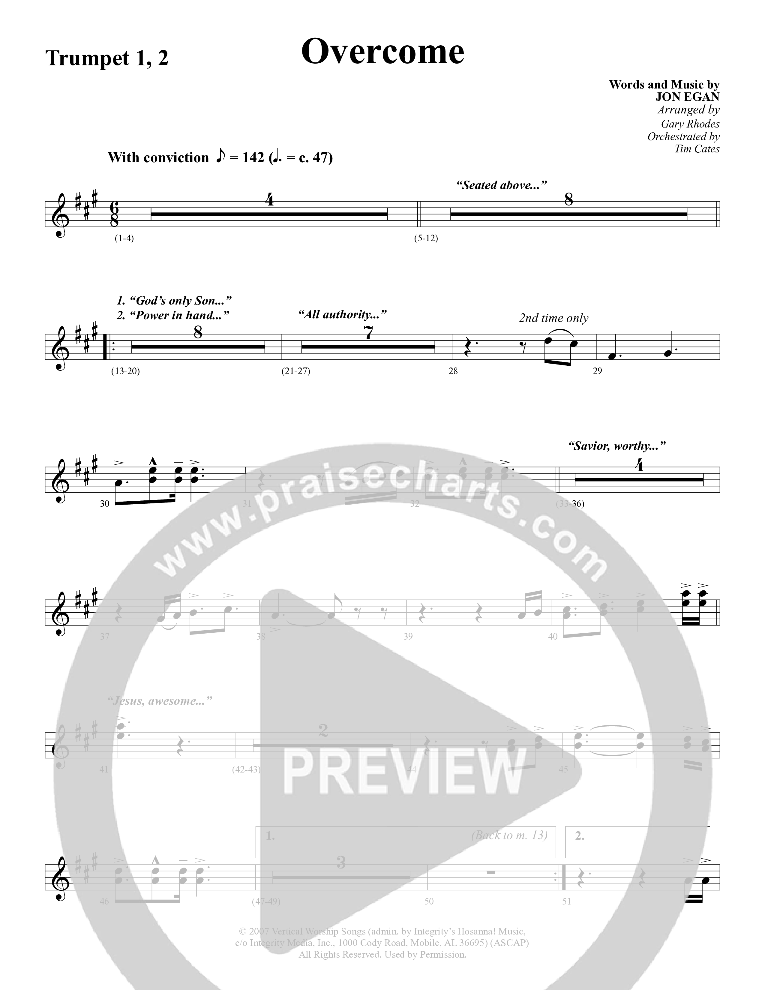 Overcome (Choral Anthem SATB) Trumpet 1,2 (Word Music Choral / Arr. Gary Rhodes)