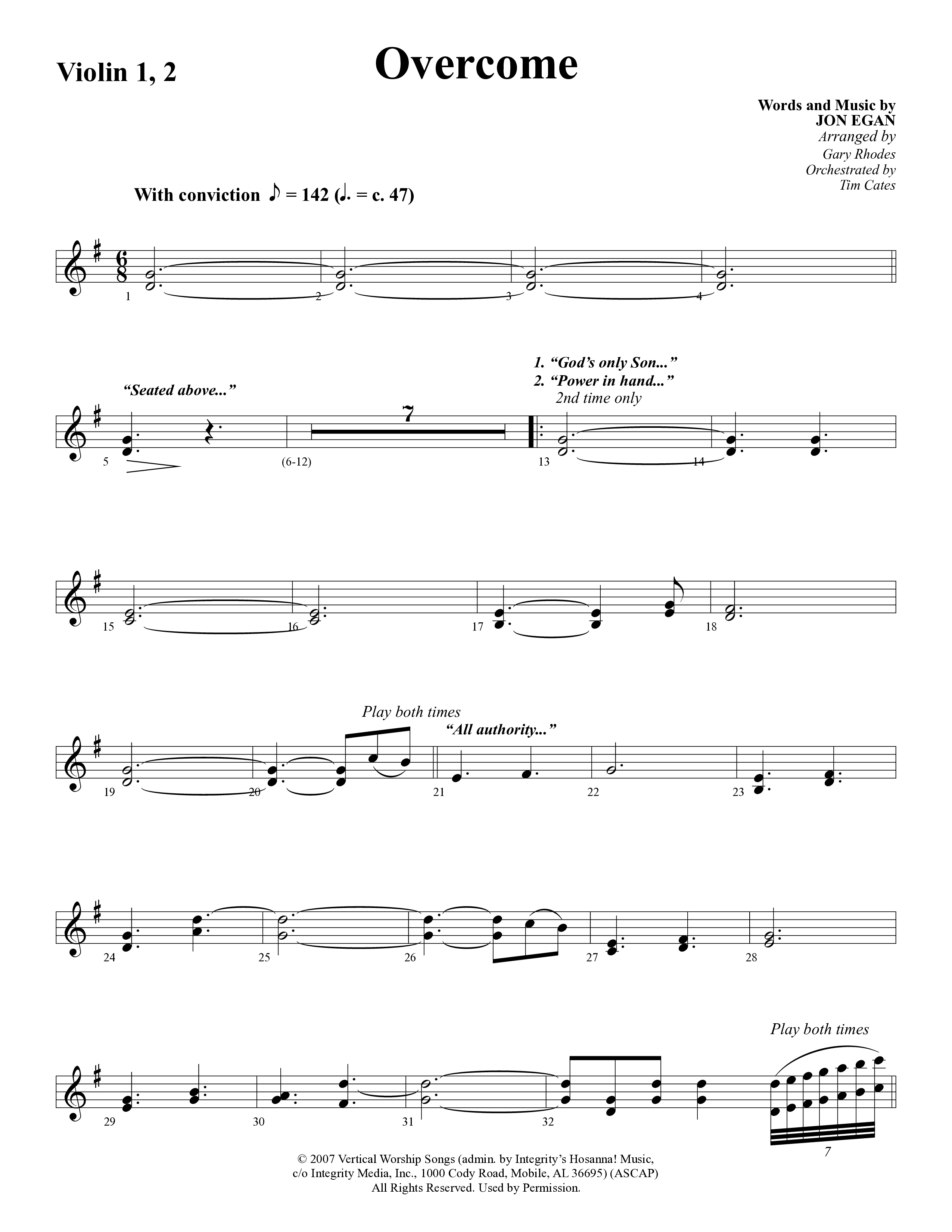 Overcome (Choral Anthem SATB) Violin 1/2 (Word Music Choral / Arr. Gary Rhodes)