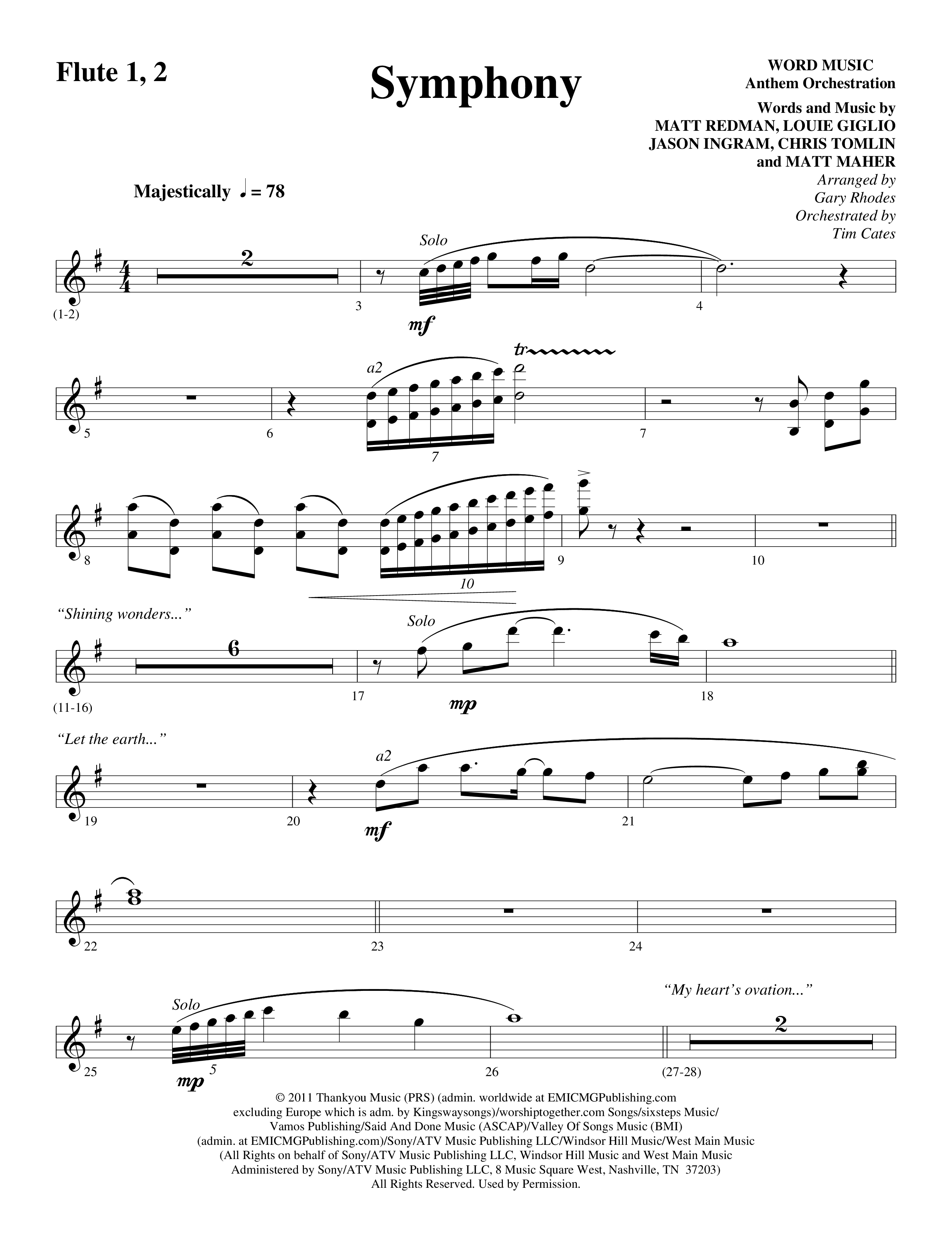 Symphony (Choral Anthem SATB) Flute 1/2 (Word Music Choral / Arr. Gary Rhodes)