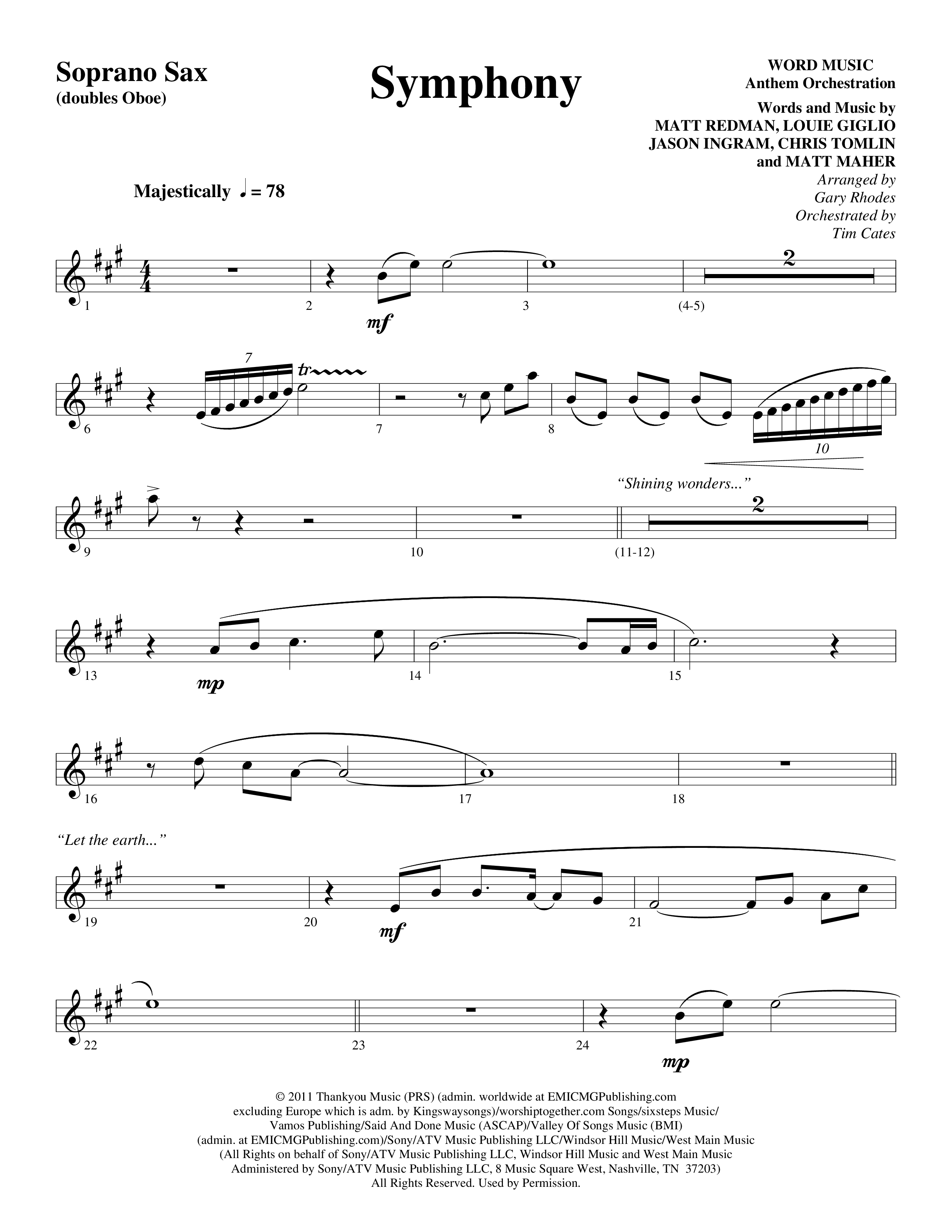 Symphony (Choral Anthem SATB) Soprano Sax (Word Music Choral / Arr. Gary Rhodes)