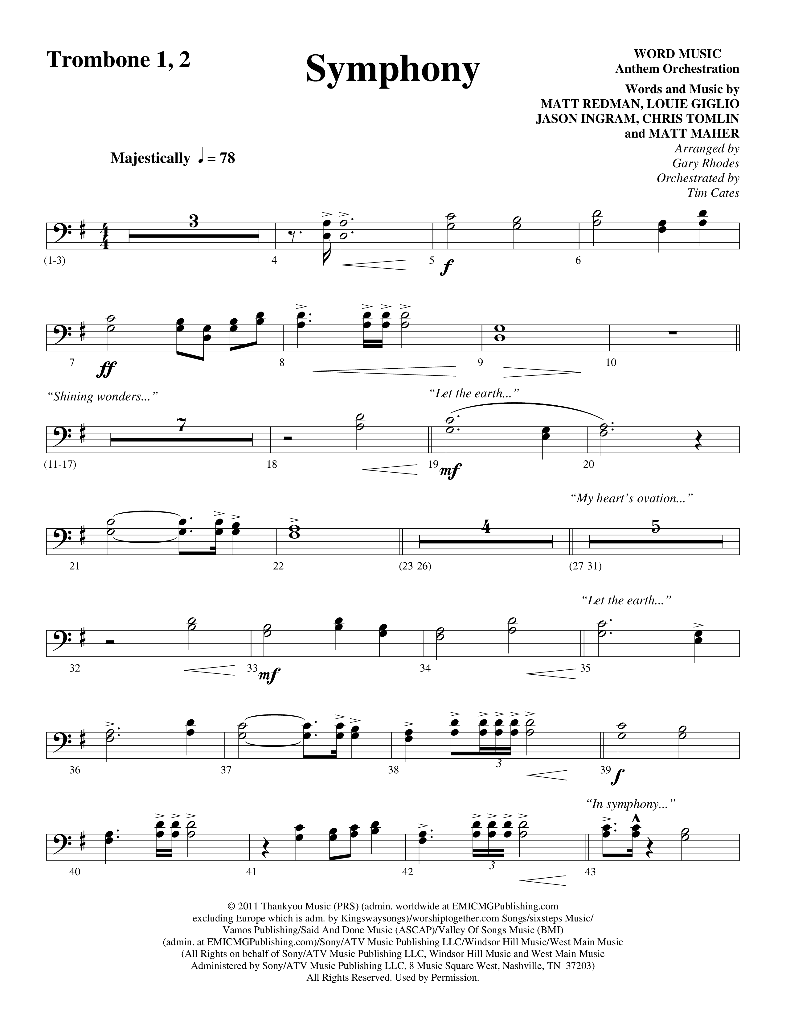 Symphony (Choral Anthem SATB) Trombone 1/2 (Word Music Choral / Arr. Gary Rhodes)