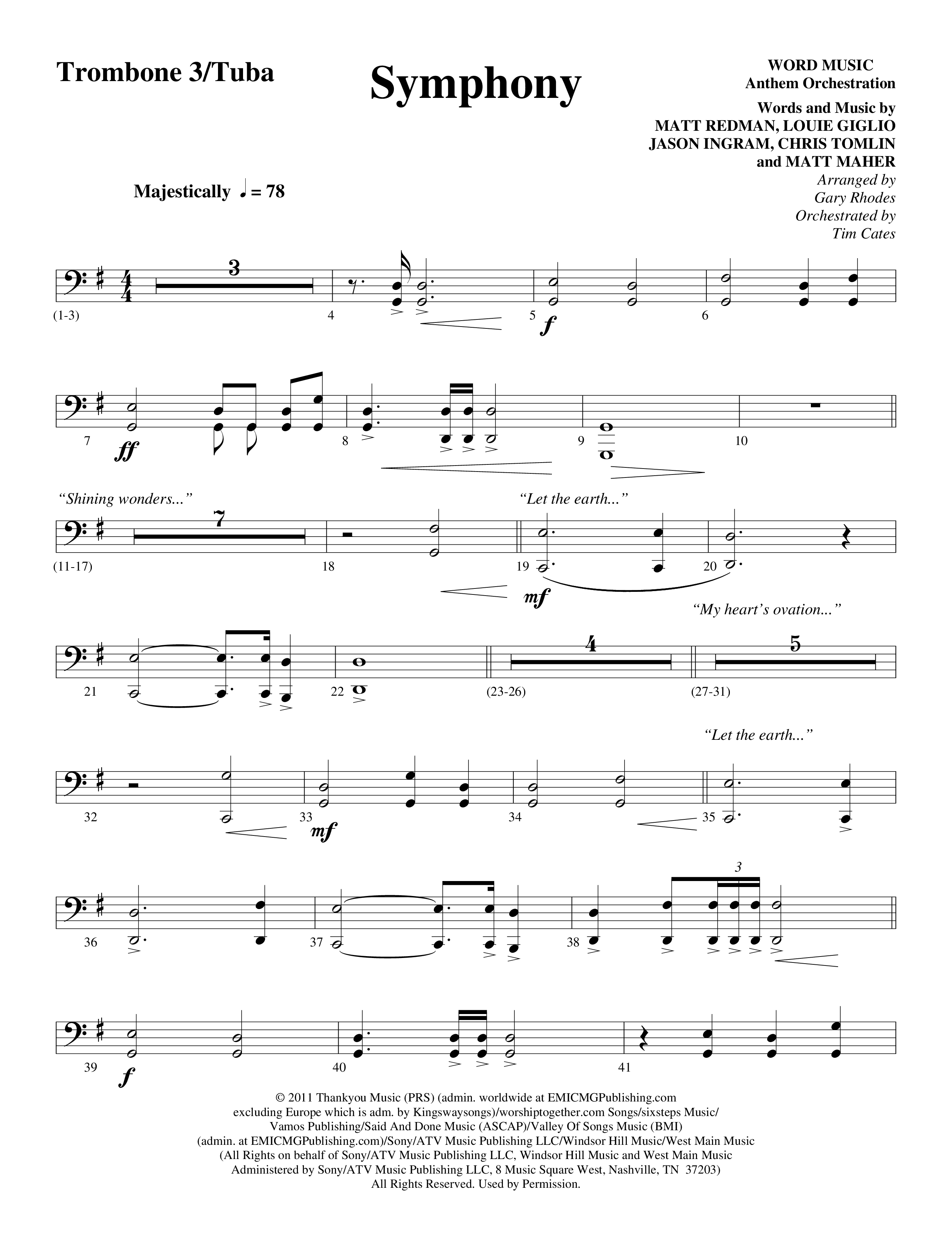 Symphony (Choral Anthem SATB) Trombone 3/Tuba (Word Music Choral / Arr. Gary Rhodes)