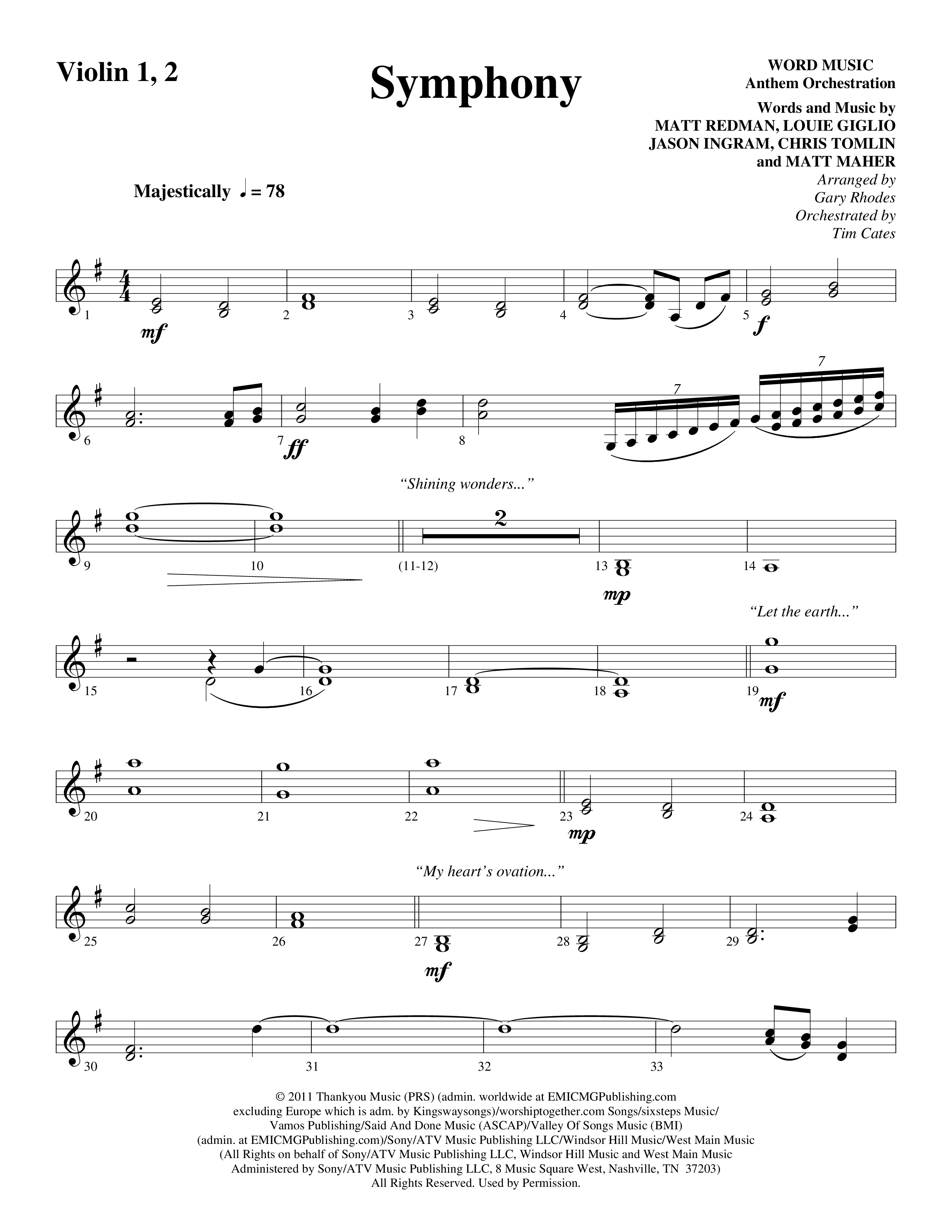 Symphony (Choral Anthem SATB) Violin 1/2 (Word Music Choral / Arr. Gary Rhodes)