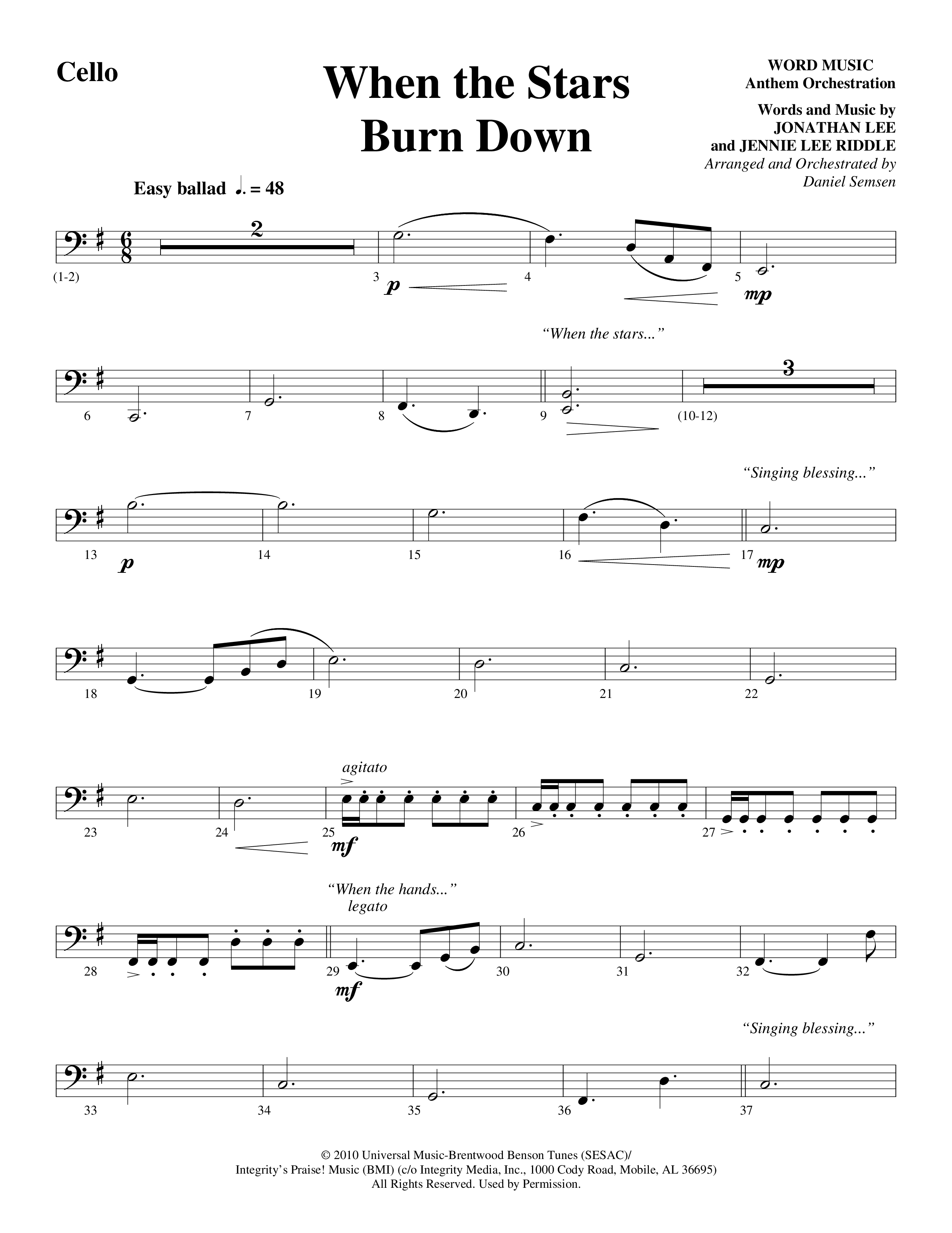 When The Stars Burn Down (Choral Anthem SATB) Cello (Word Music Choral / Arr. Daniel Semsen)
