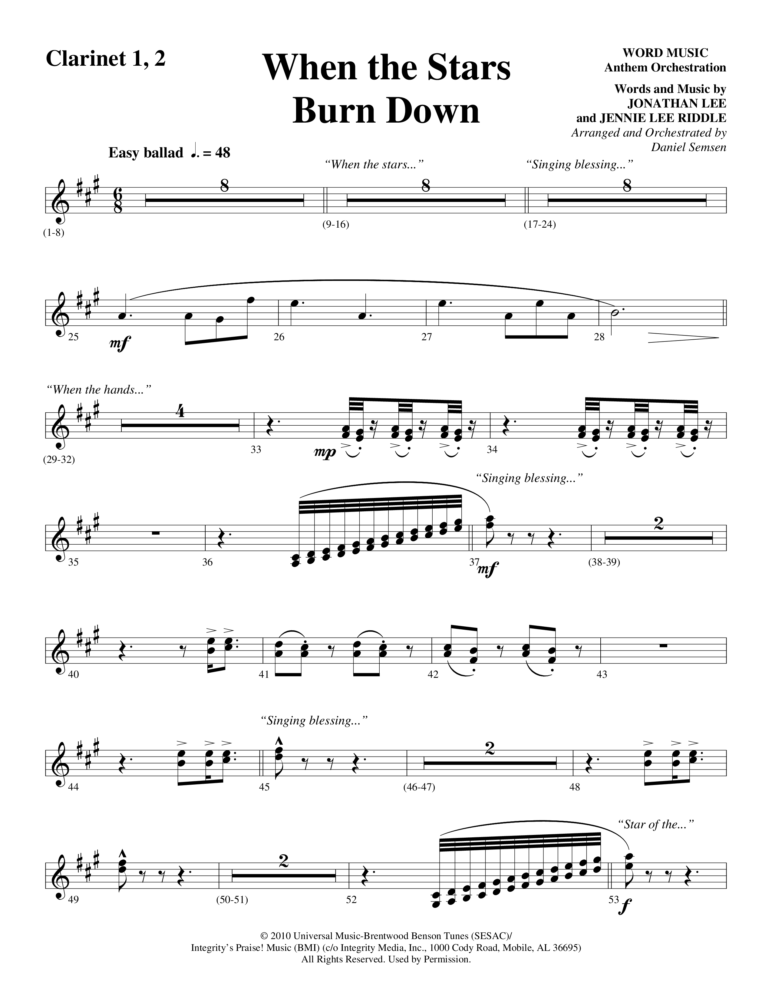When The Stars Burn Down (Choral Anthem SATB) Clarinet (Word Music Choral / Arr. Daniel Semsen)