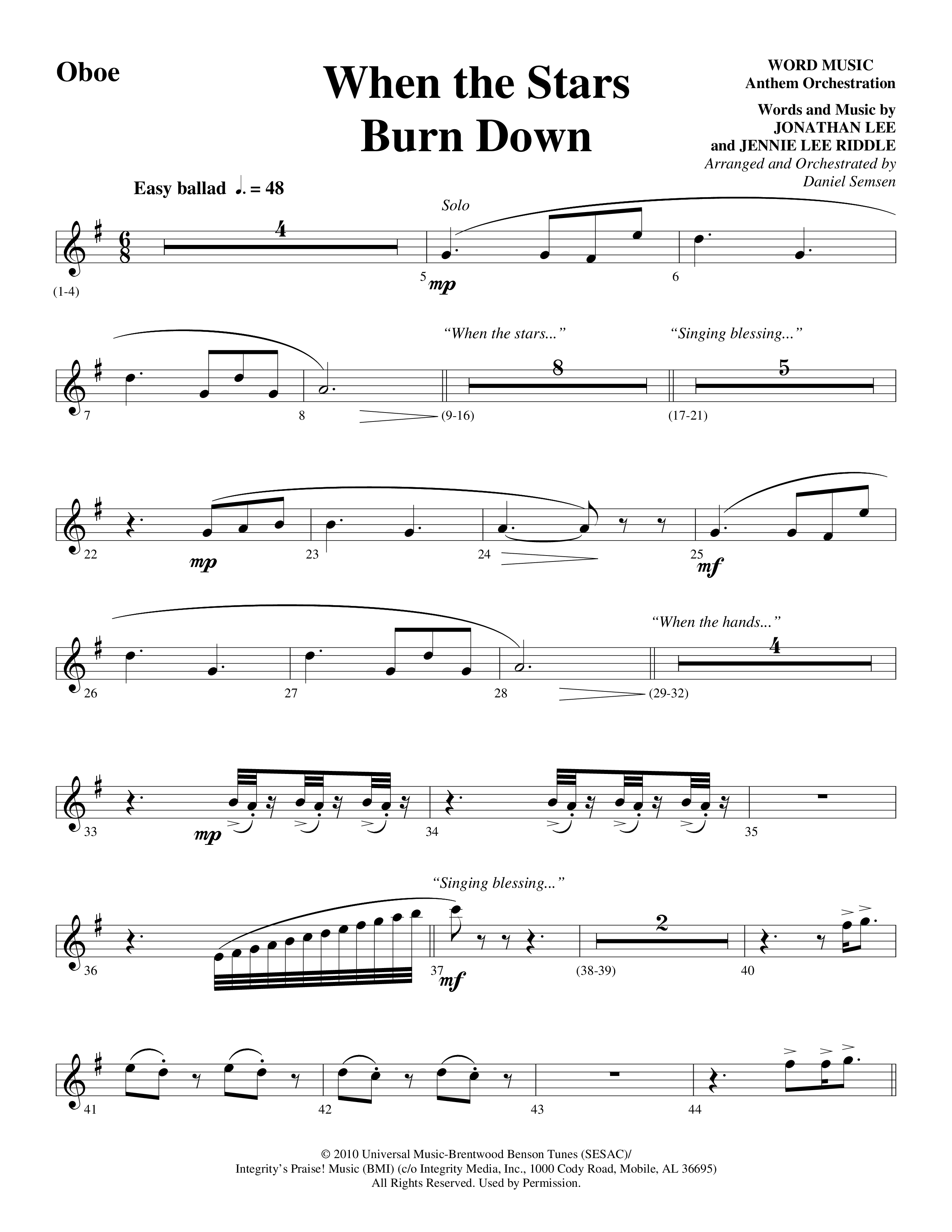 When The Stars Burn Down (Choral Anthem SATB) Oboe (Word Music Choral / Arr. Daniel Semsen)