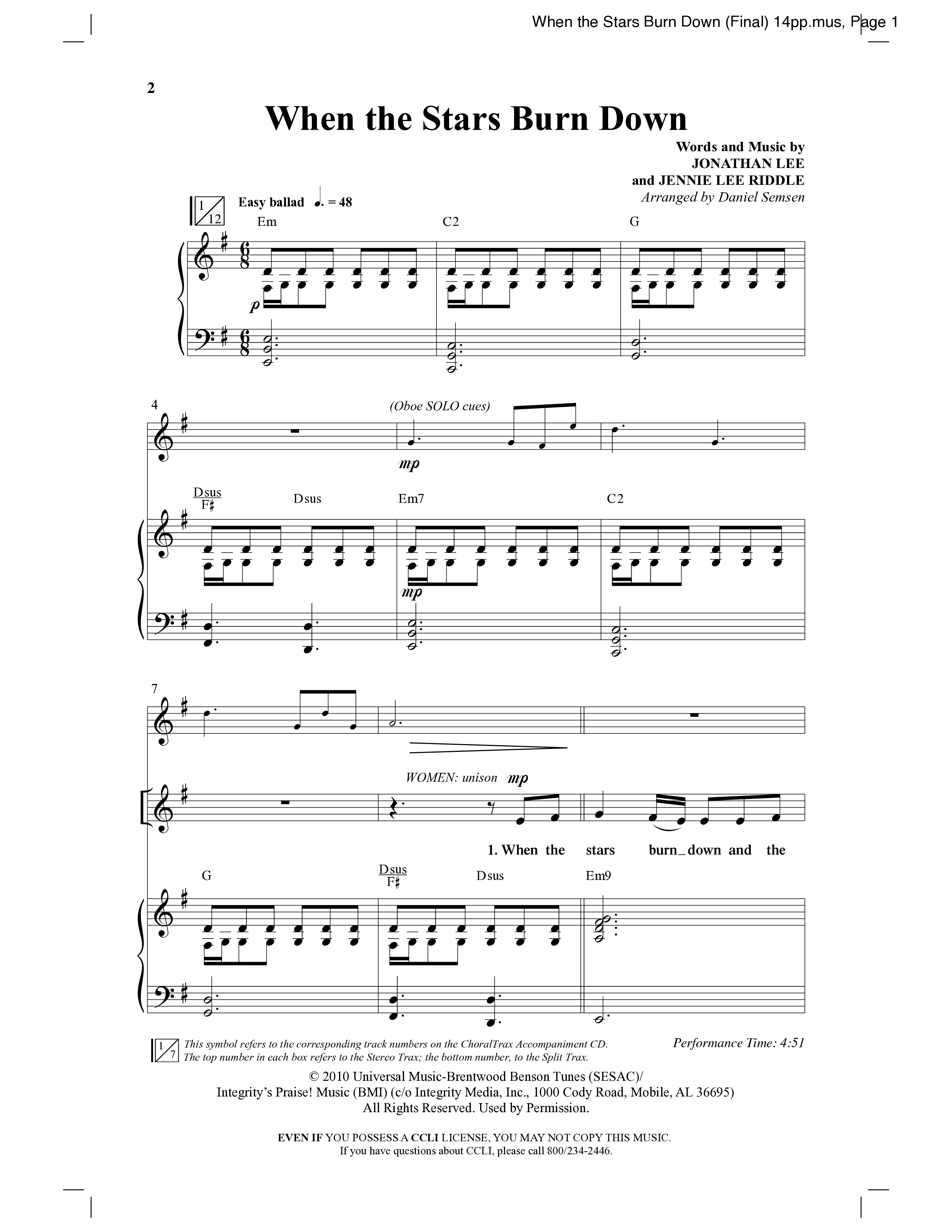 When The Stars Burn Down (Choral Anthem SATB) Anthem (SATB/Piano) (Word Music Choral / Arr. Daniel Semsen)