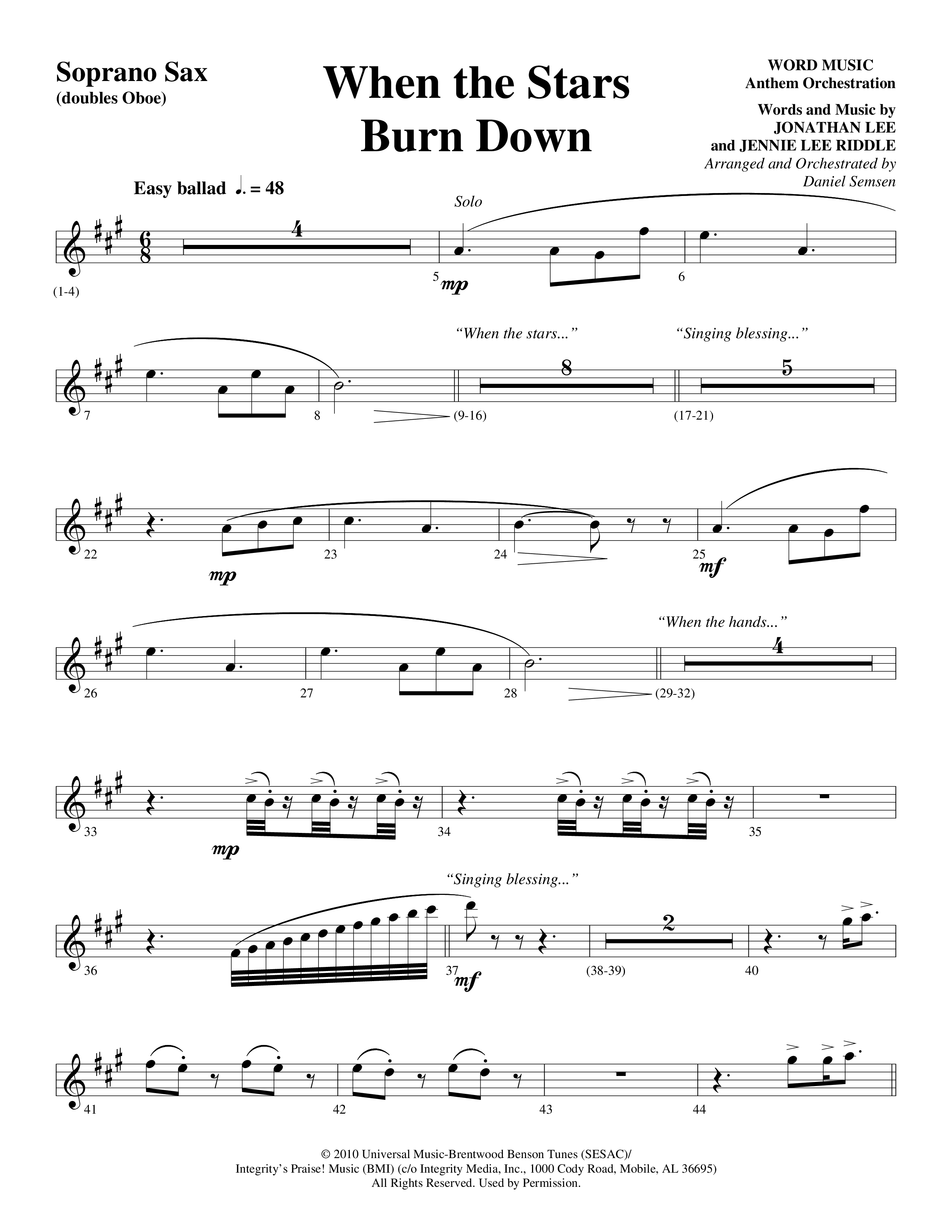 When The Stars Burn Down (Choral Anthem SATB) Soprano Sax (Word Music Choral / Arr. Daniel Semsen)