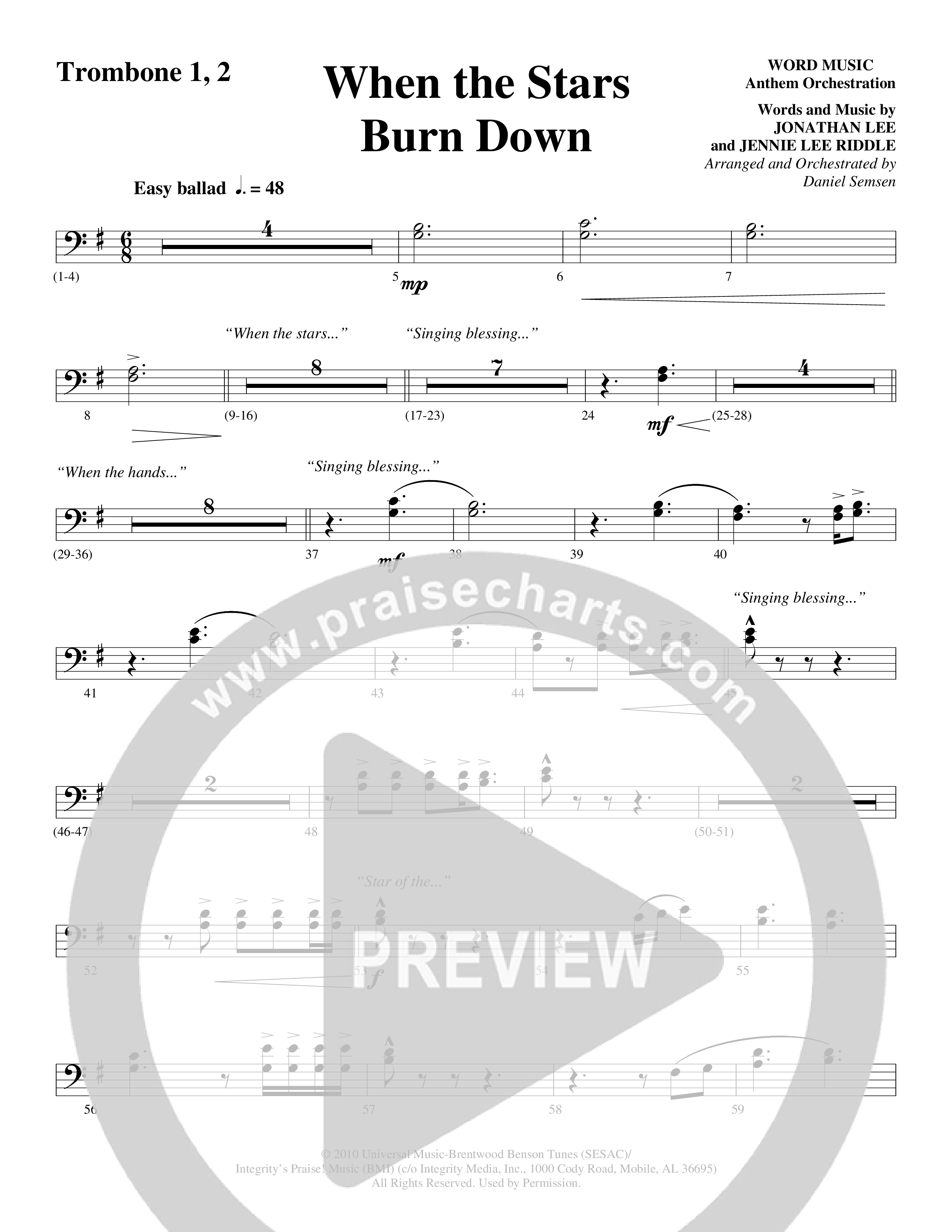 When The Stars Burn Down (Choral Anthem SATB) Trombone 1/2 (Word Music Choral / Arr. Daniel Semsen)