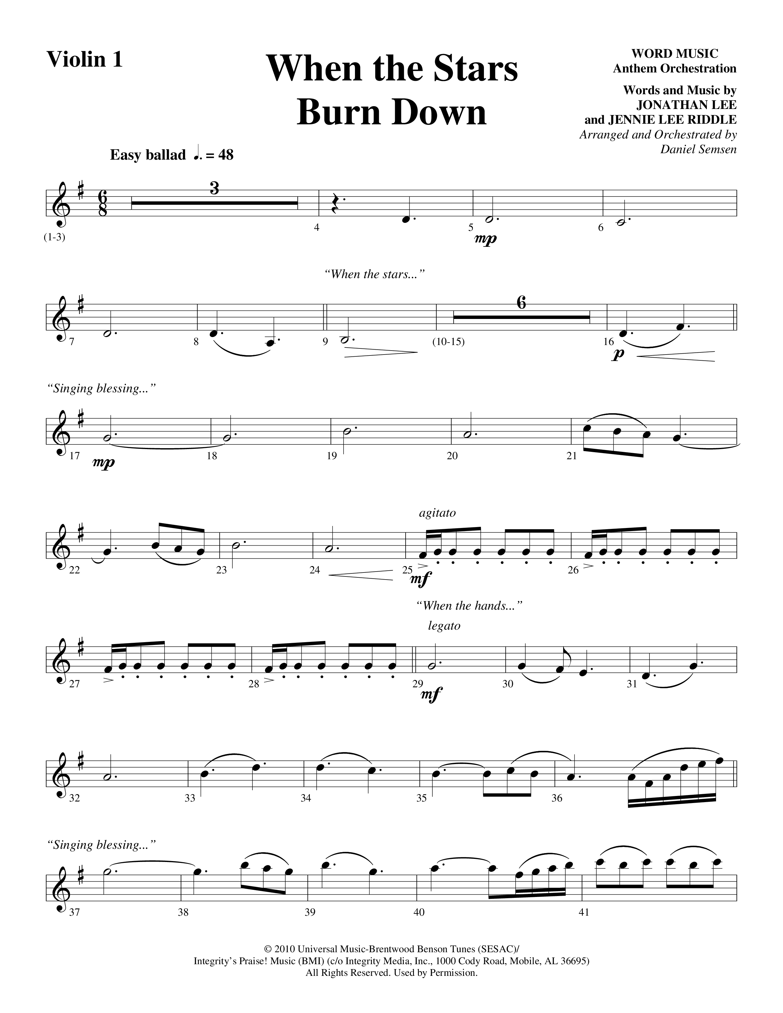 When The Stars Burn Down (Choral Anthem SATB) Violin 1/2 (Word Music Choral / Arr. Daniel Semsen)