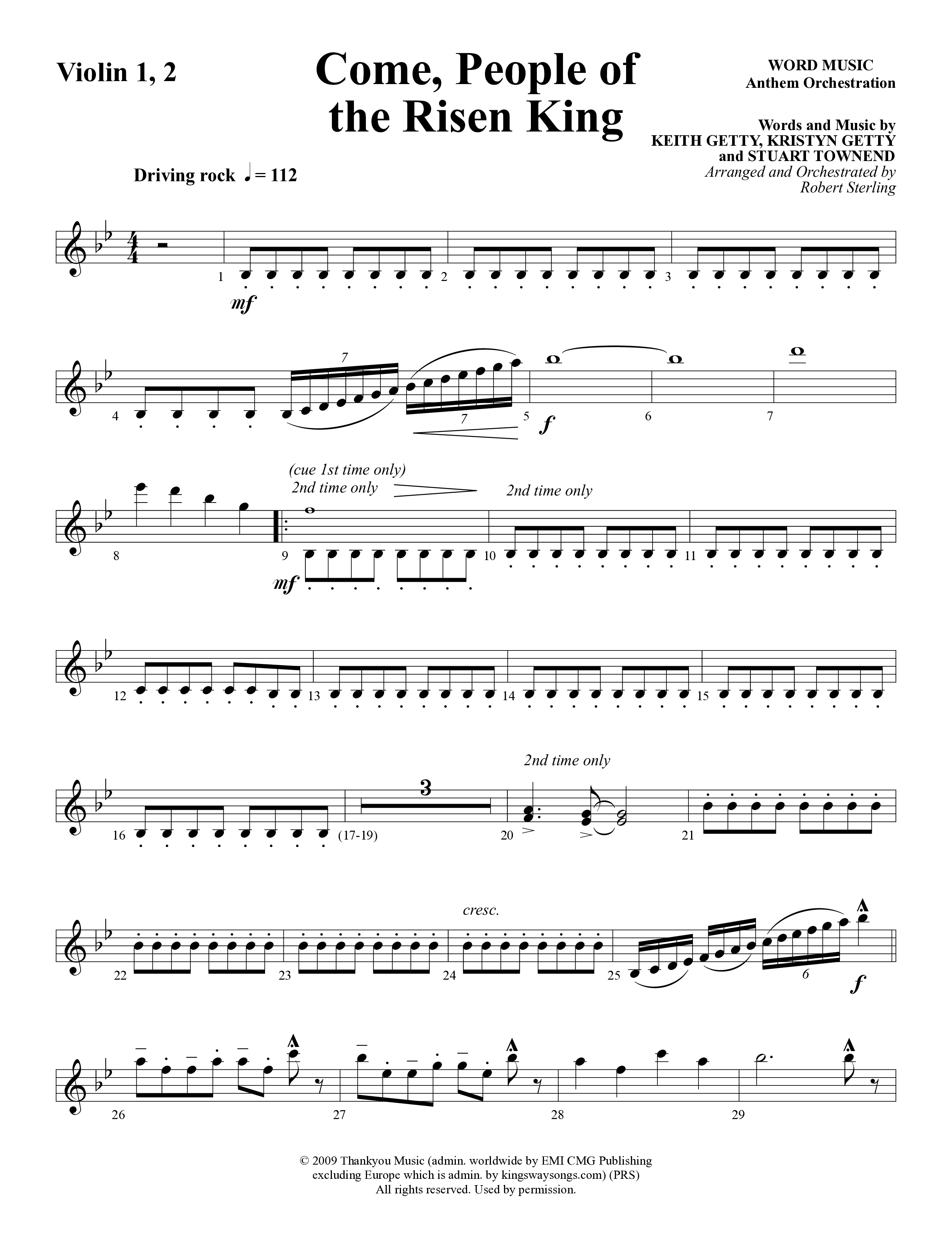 Come People Of The Risen King (Choral Anthem SATB) Violin 1/2 (Word Music Choral / Arr. Robert Sterling)