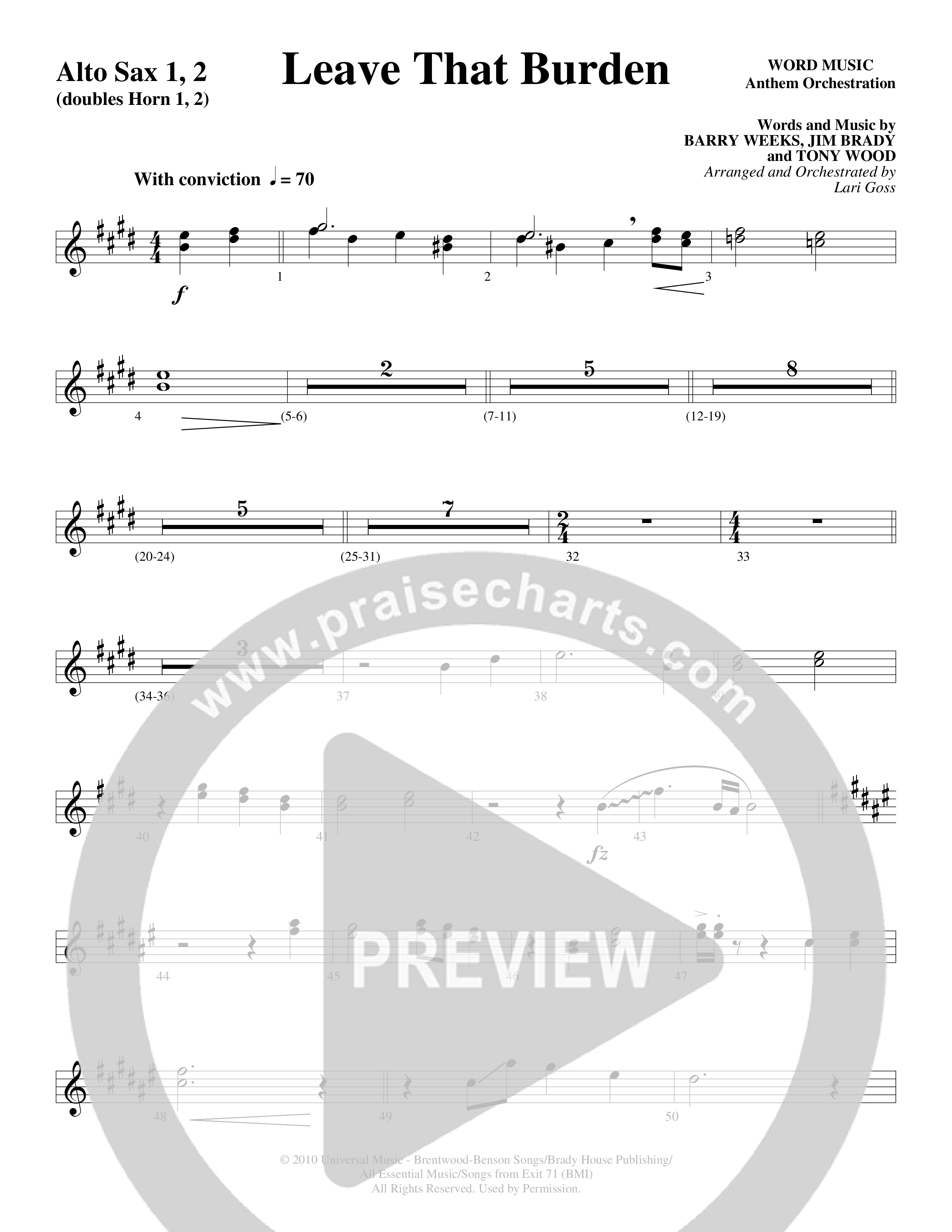 Leave That Burden (Choral Anthem SATB) Alto Sax 1/2 (Word Music Choral / Arr. Lari Goss)