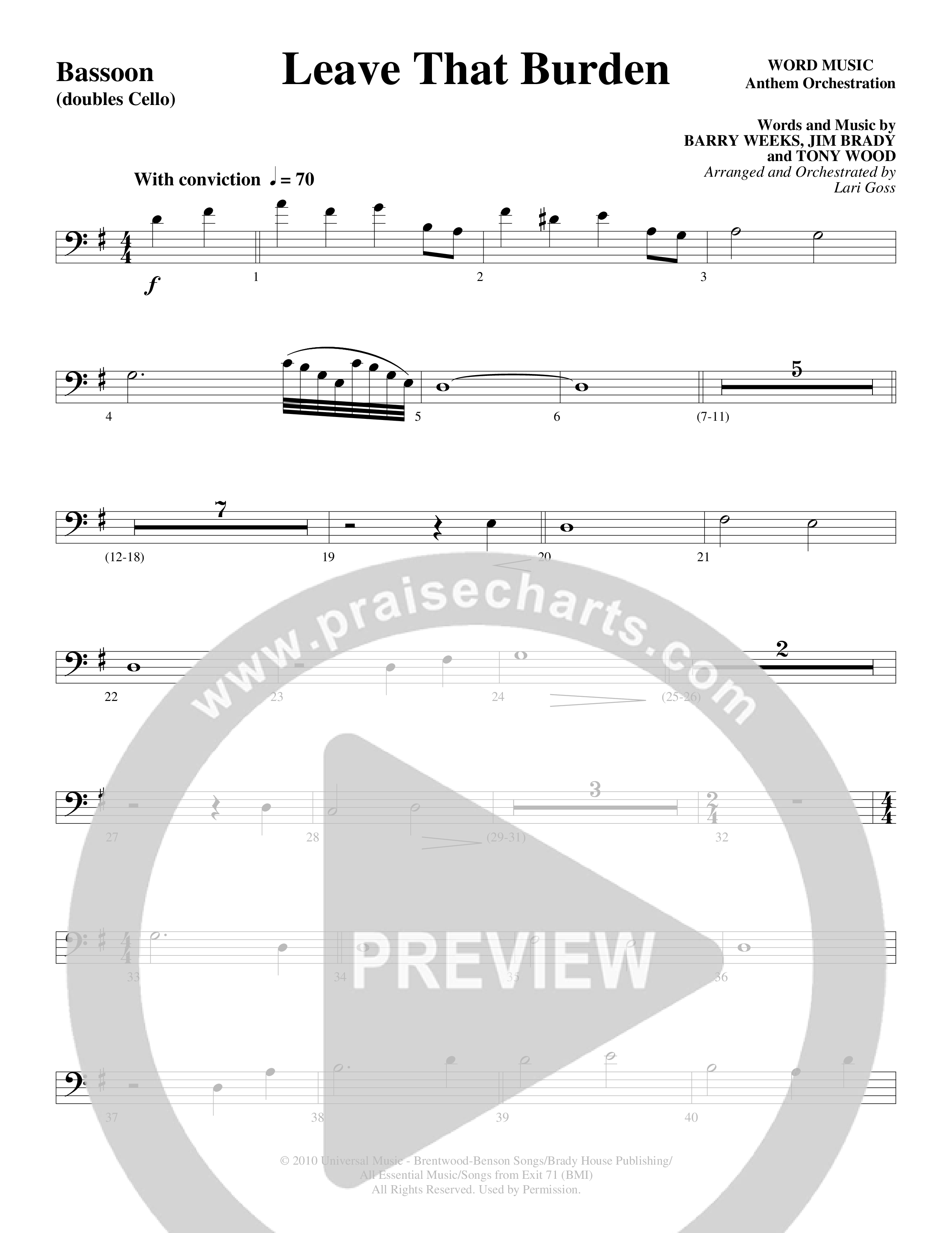 Leave That Burden (Choral Anthem SATB) Bassoon (Word Music Choral / Arr. Lari Goss)