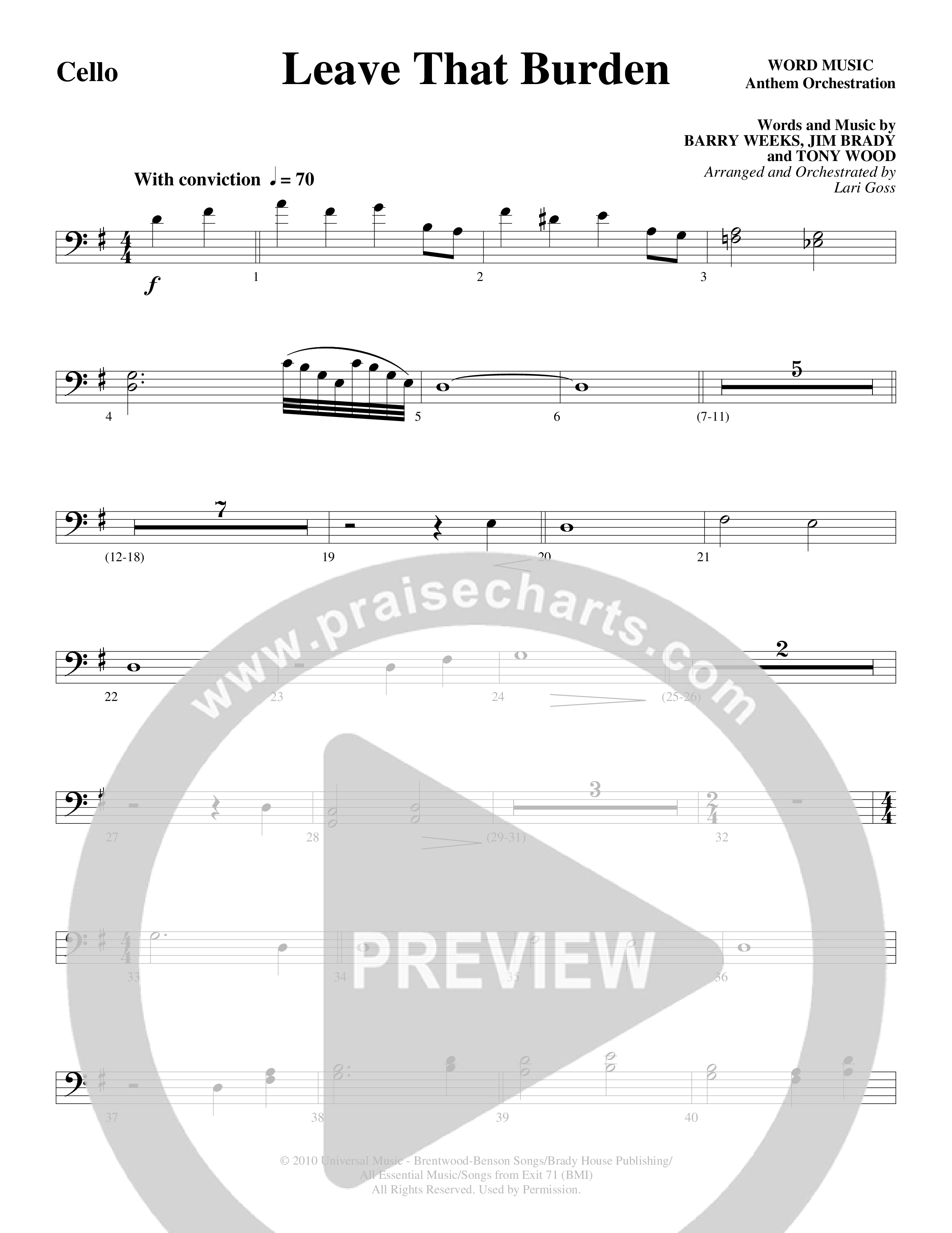 Leave That Burden (Choral Anthem SATB) Cello (Word Music Choral / Arr. Lari Goss)
