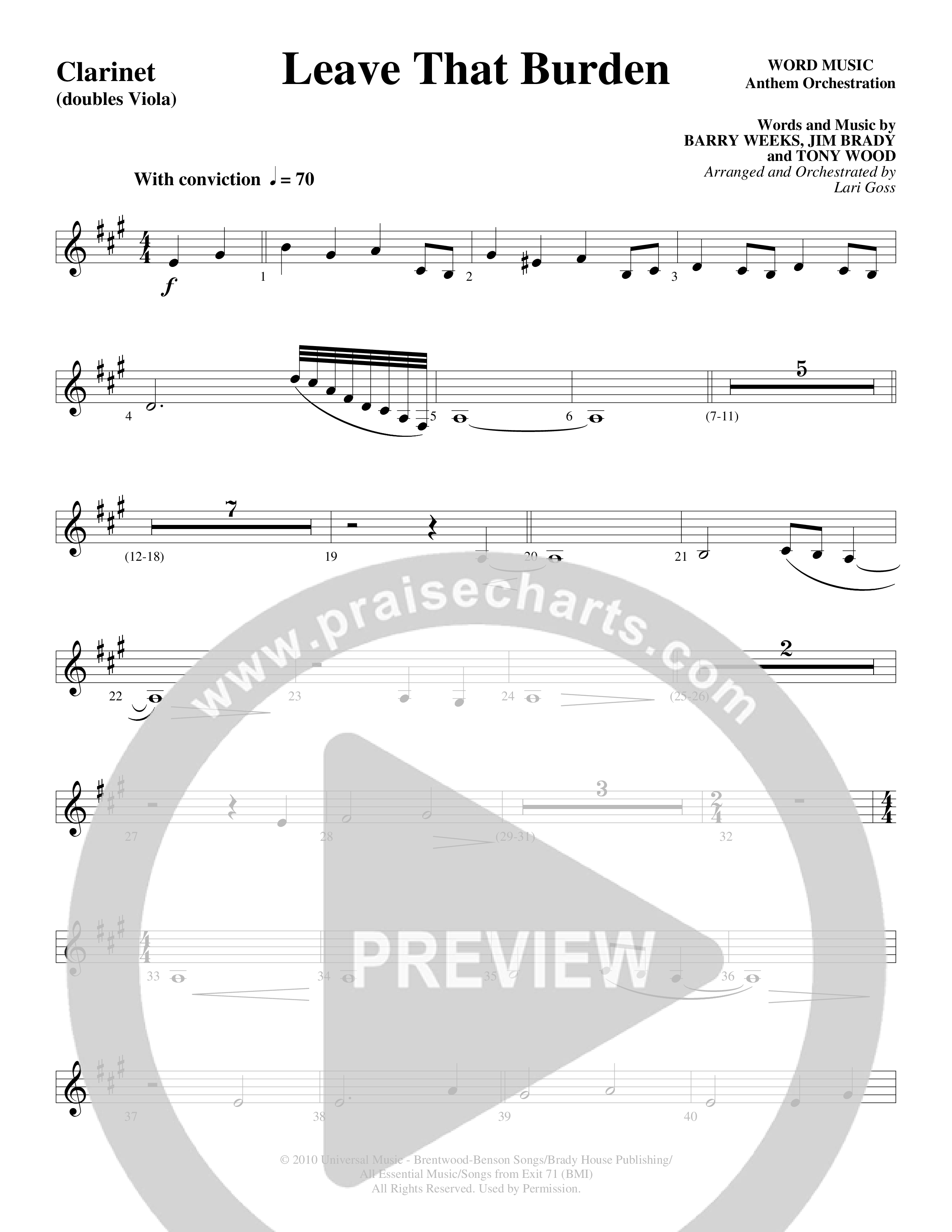Leave That Burden (Choral Anthem SATB) Clarinet (Word Music Choral / Arr. Lari Goss)