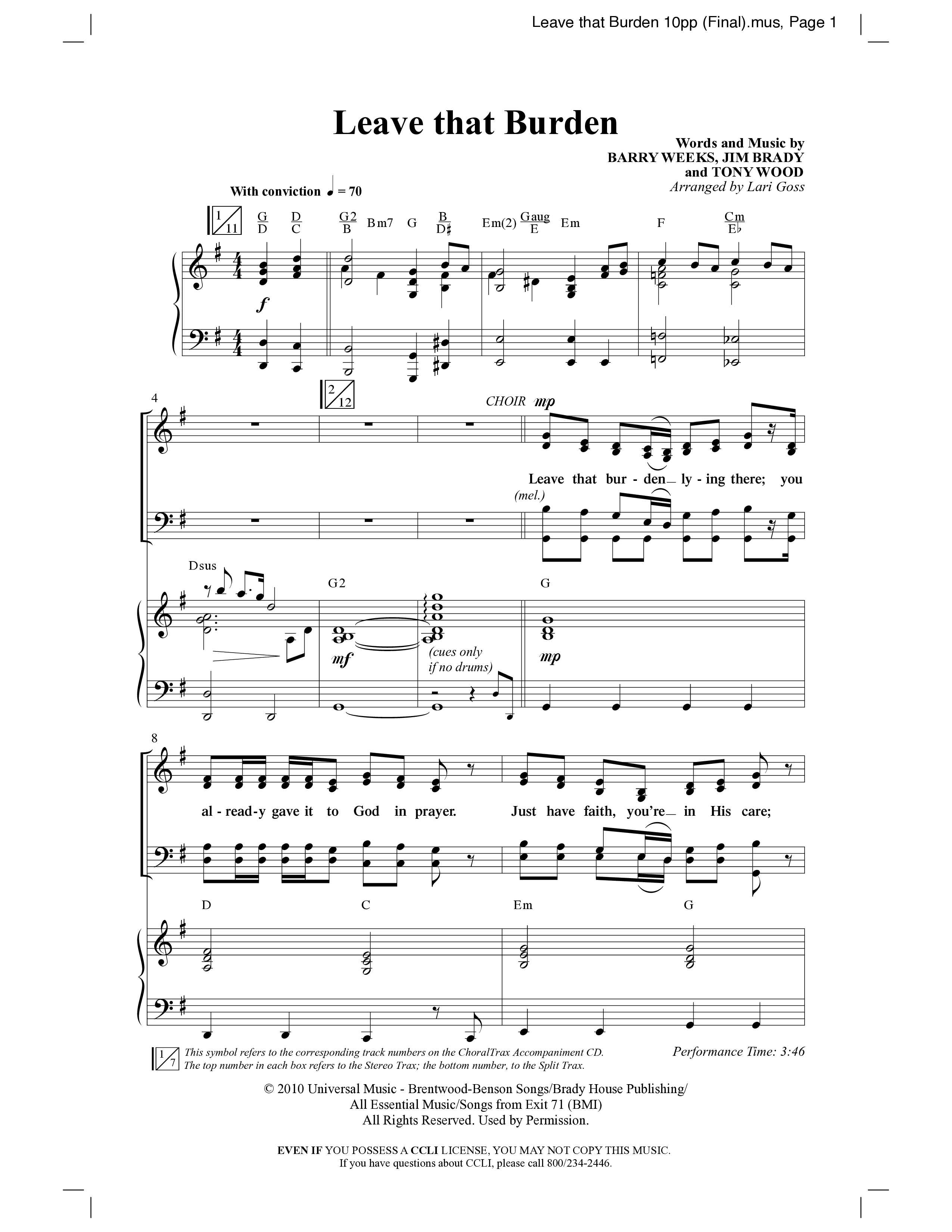Leave That Burden (Choral Anthem SATB) Anthem (SATB/Piano) (Word Music Choral / Arr. Lari Goss)
