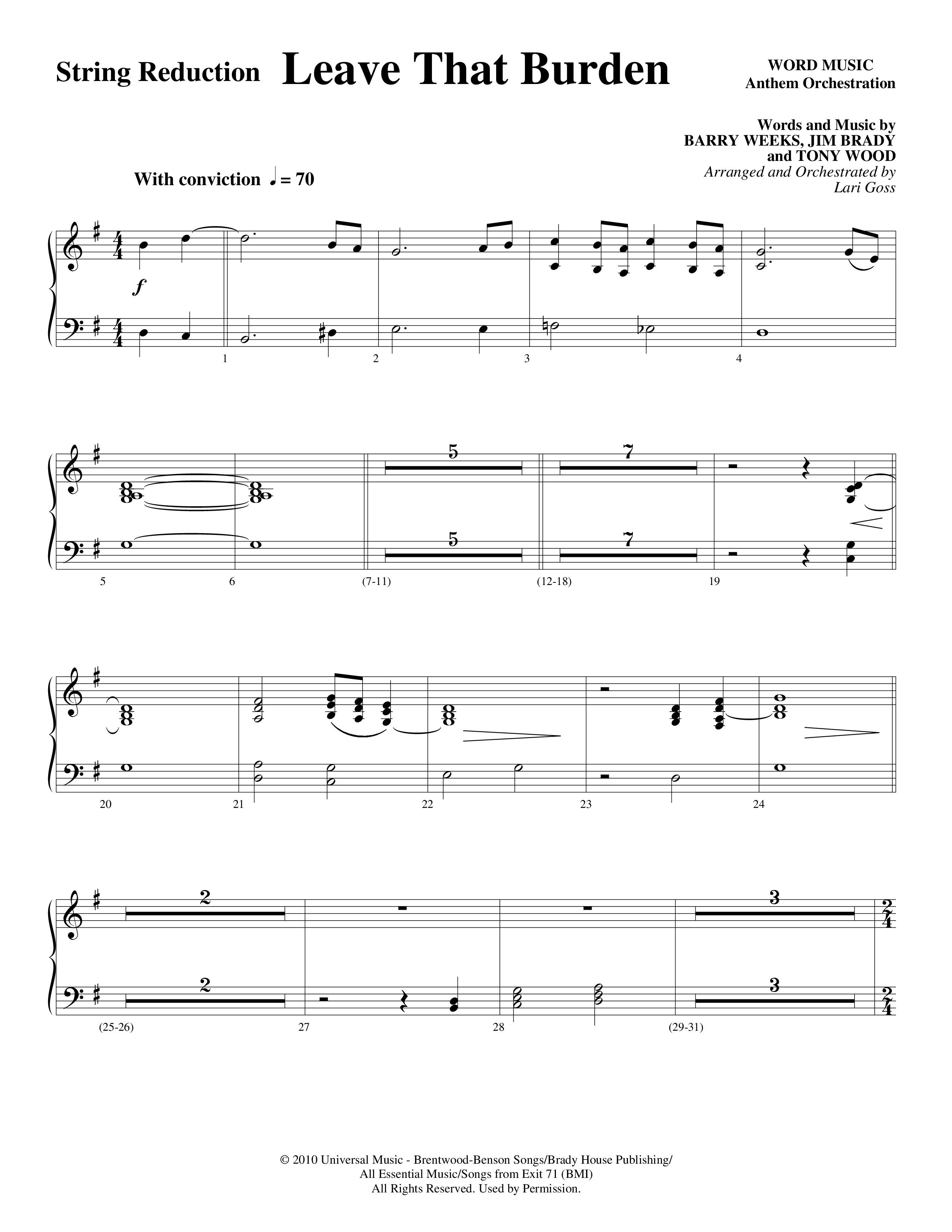 Leave That Burden (Choral Anthem SATB) String Reduction (Word Music Choral / Arr. Lari Goss)