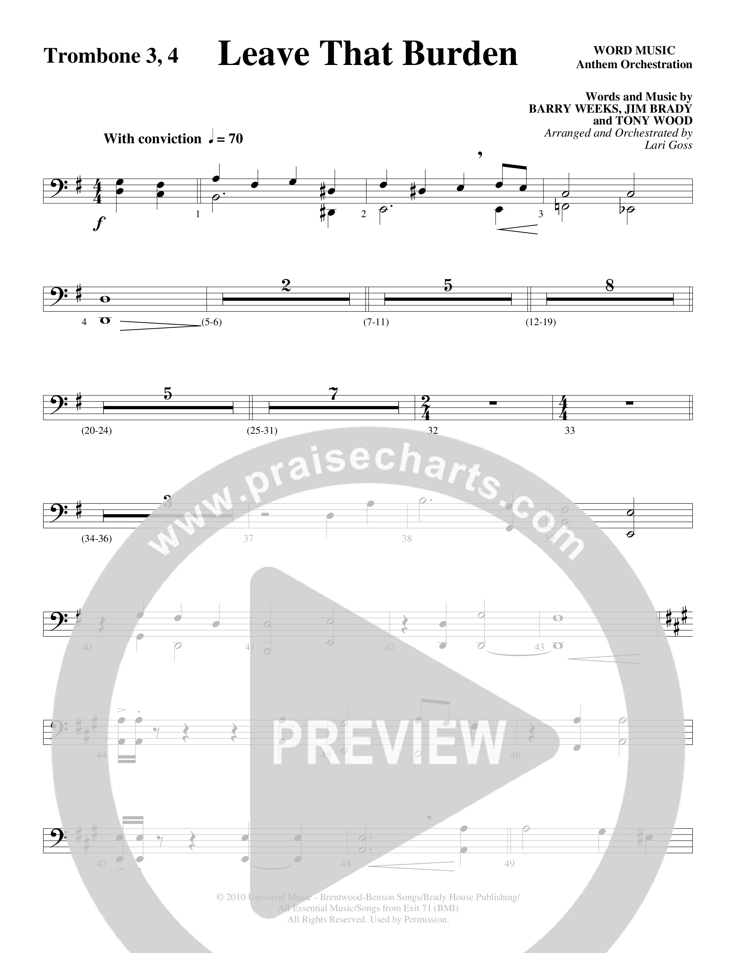Leave That Burden (Choral Anthem SATB) Trombone (Word Music Choral / Arr. Lari Goss)