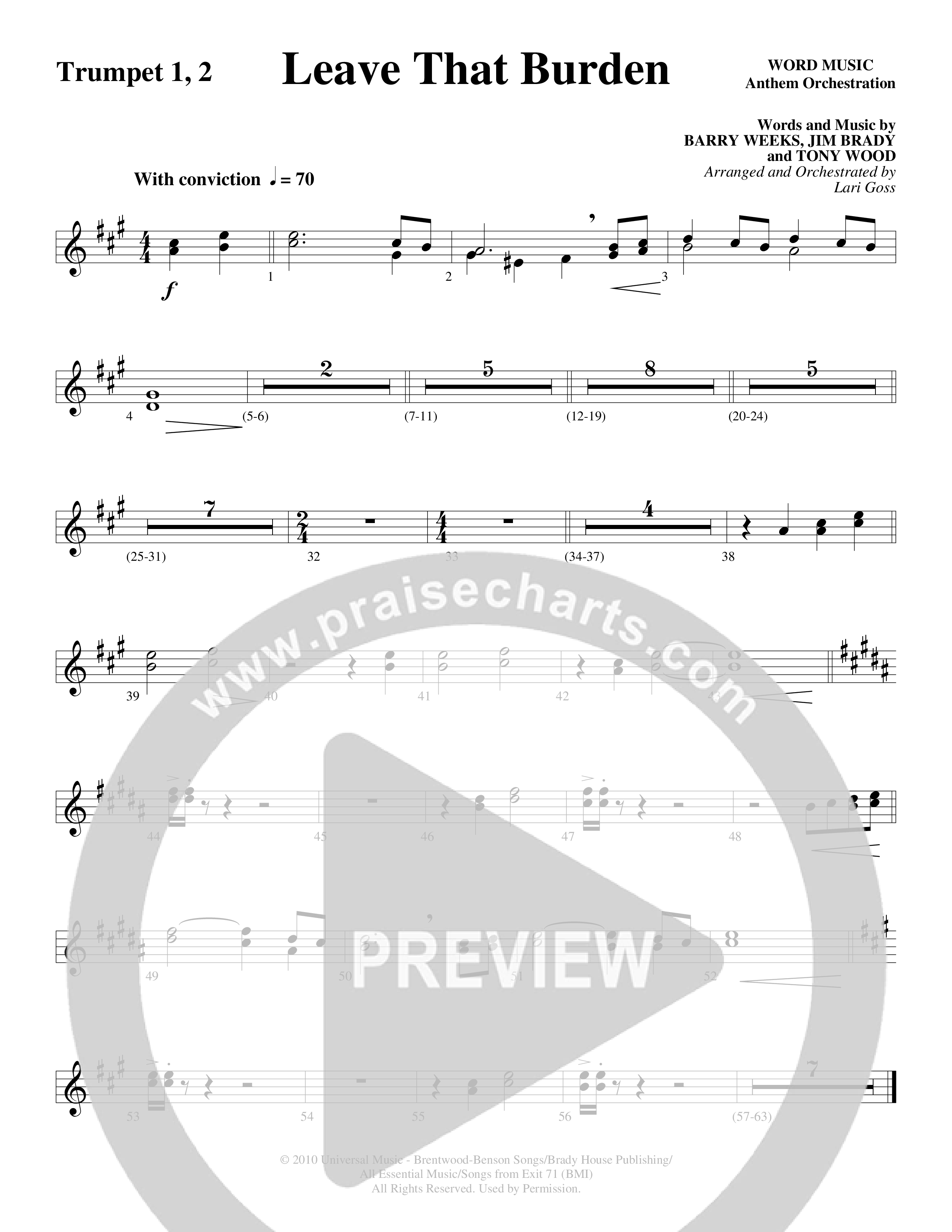Leave That Burden (Choral Anthem SATB) Trumpet 1,2 (Word Music Choral / Arr. Lari Goss)