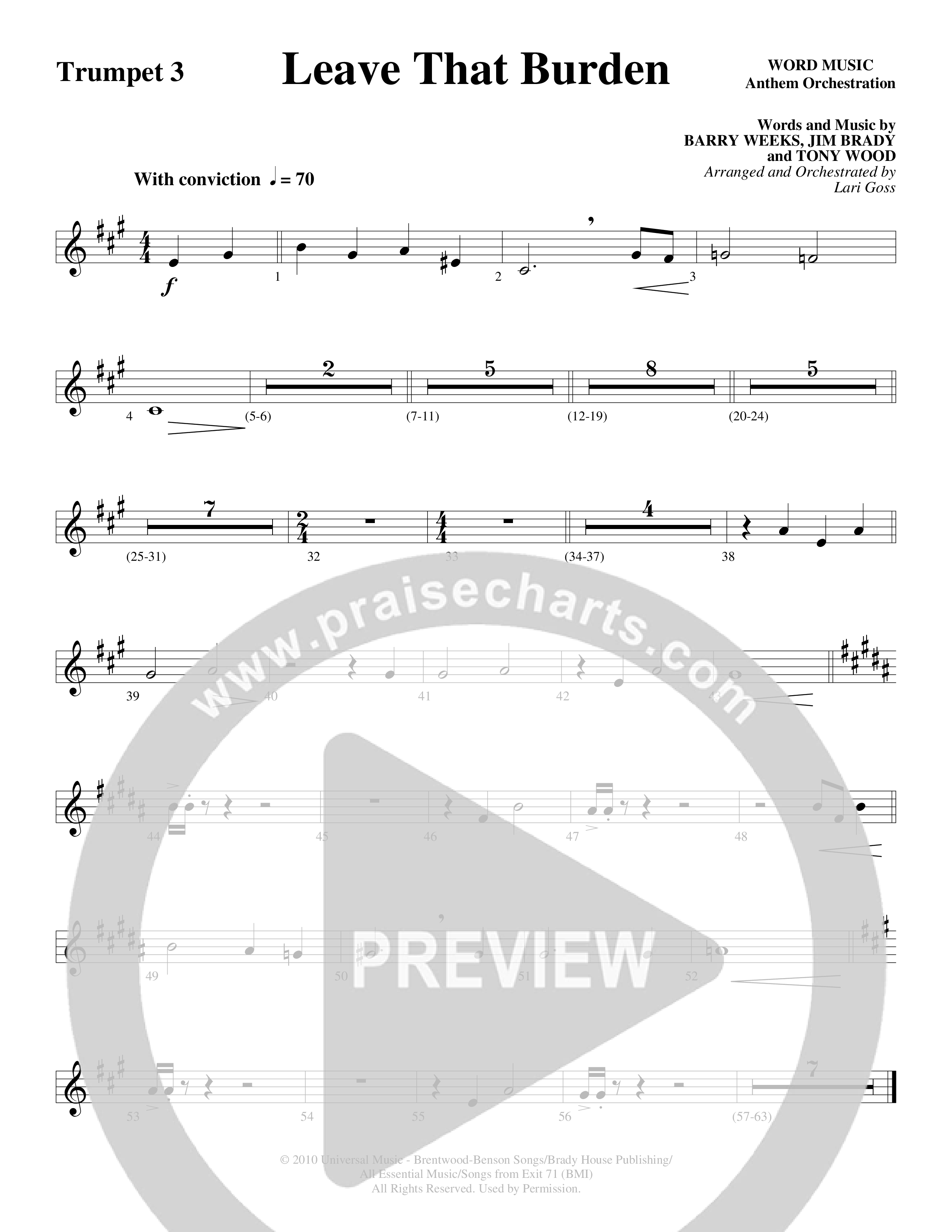 Leave That Burden (Choral Anthem SATB) Trumpet 3 (Word Music Choral / Arr. Lari Goss)