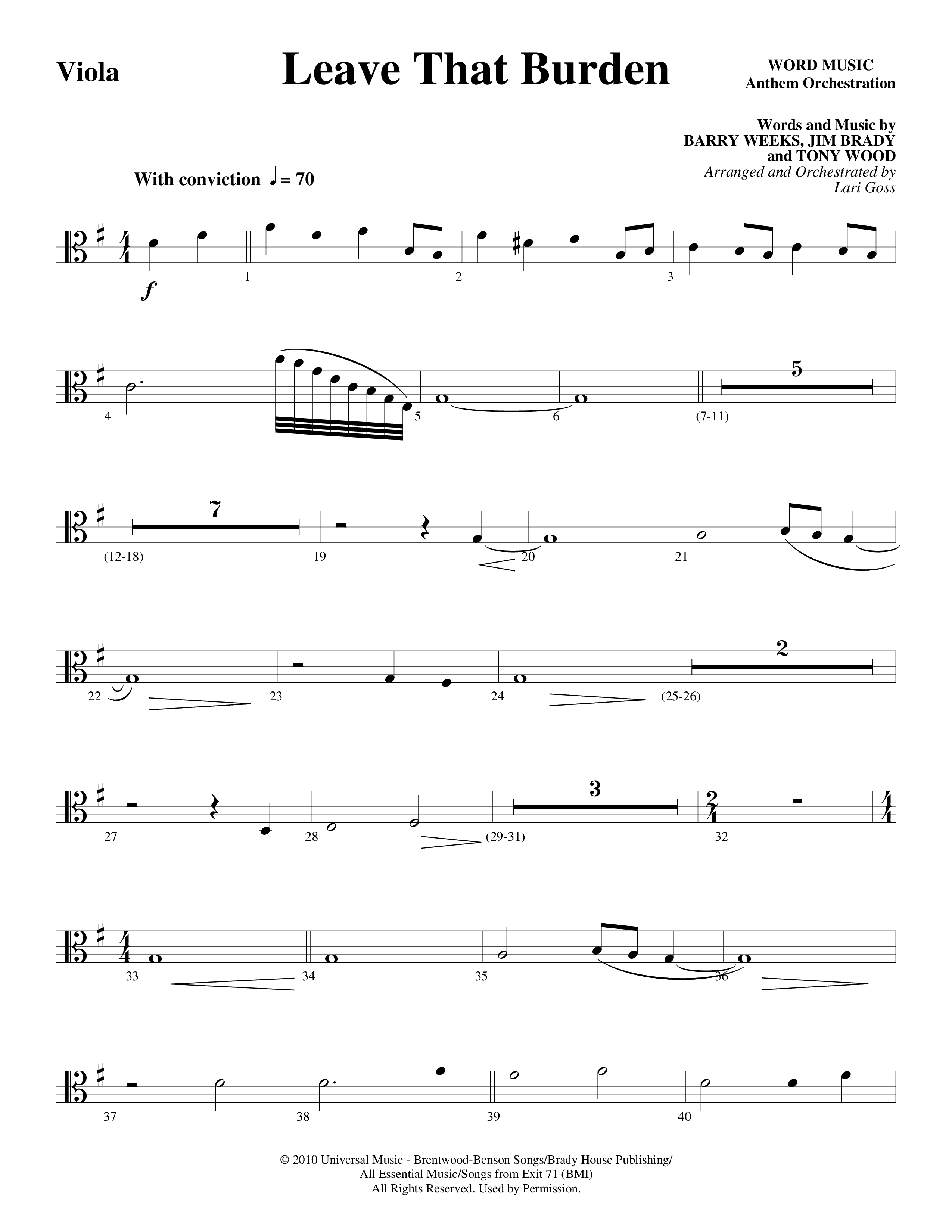 Leave That Burden (Choral Anthem SATB) Viola (Word Music Choral / Arr. Lari Goss)