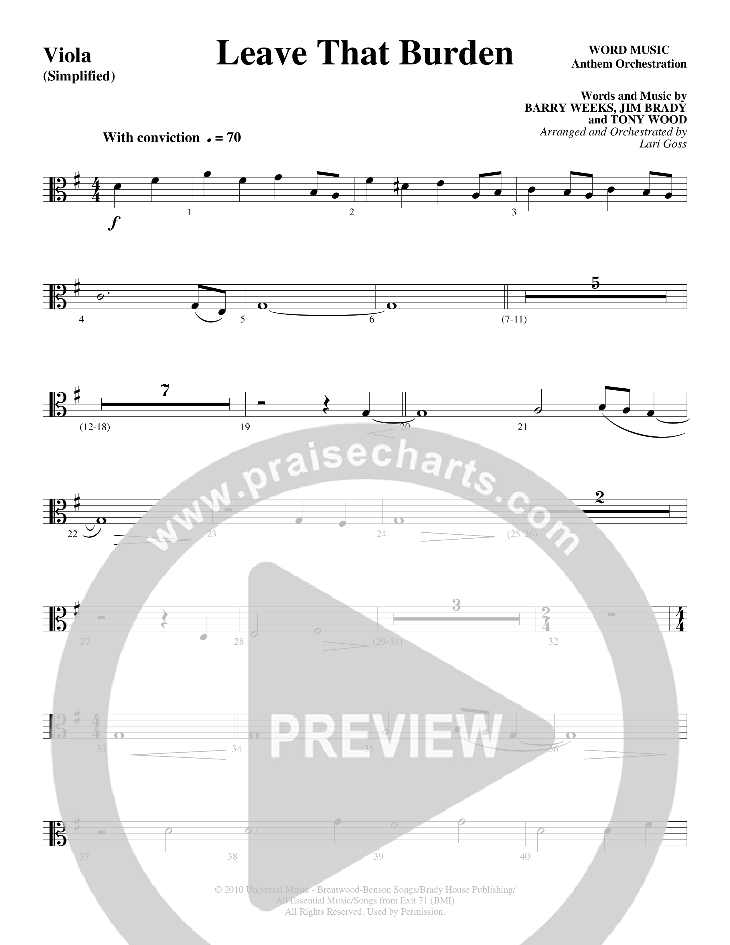 Leave That Burden (Choral Anthem SATB) Viola (Word Music Choral / Arr. Lari Goss)
