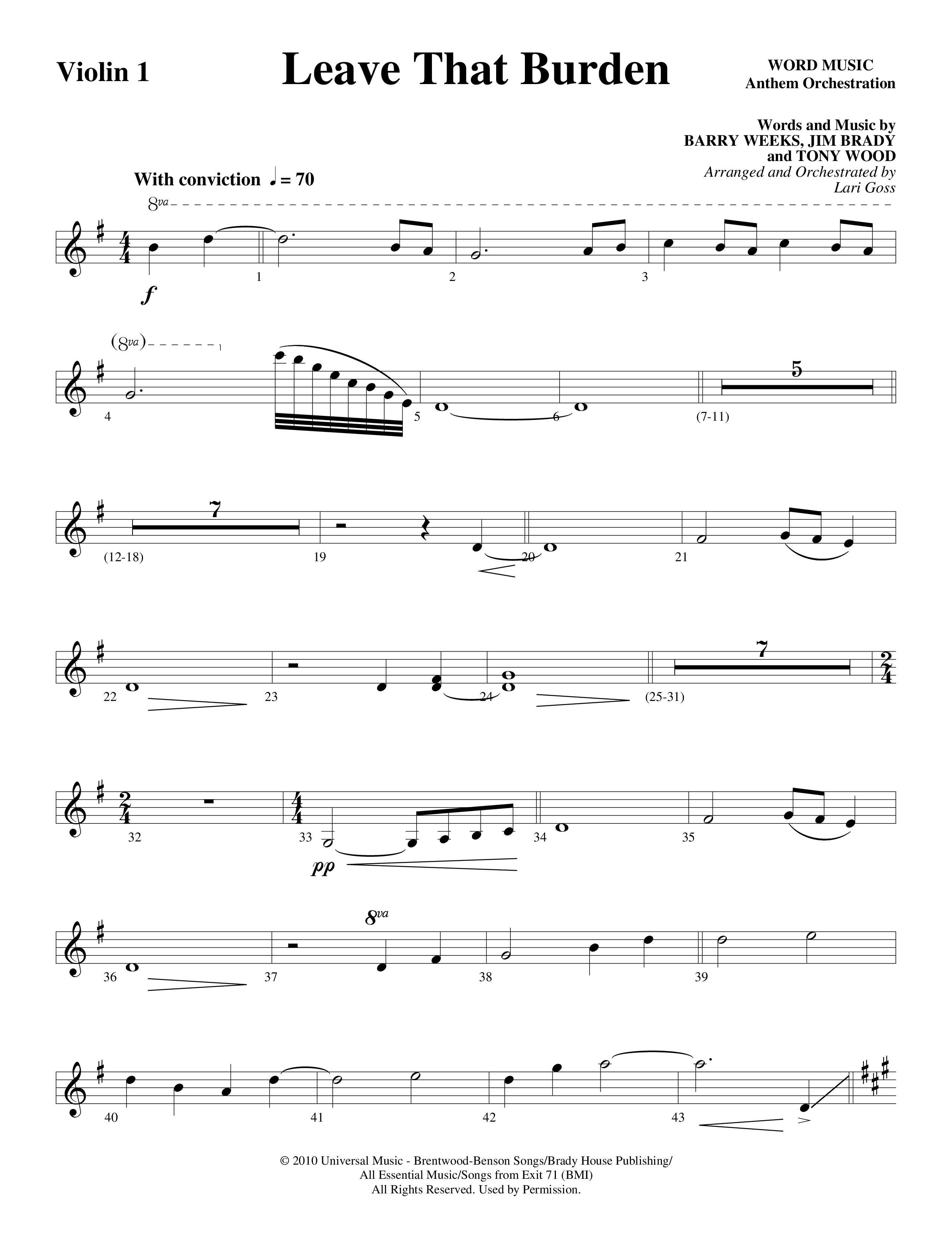 Leave That Burden (Choral Anthem SATB) Violin 1/2 (Word Music Choral / Arr. Lari Goss)