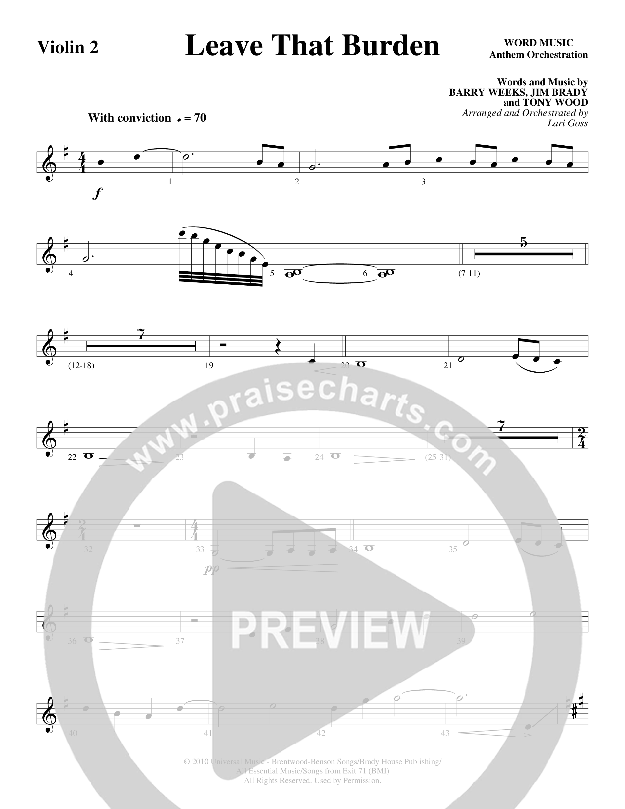 Leave That Burden (Choral Anthem SATB) Violin 1/2 (Word Music Choral / Arr. Lari Goss)