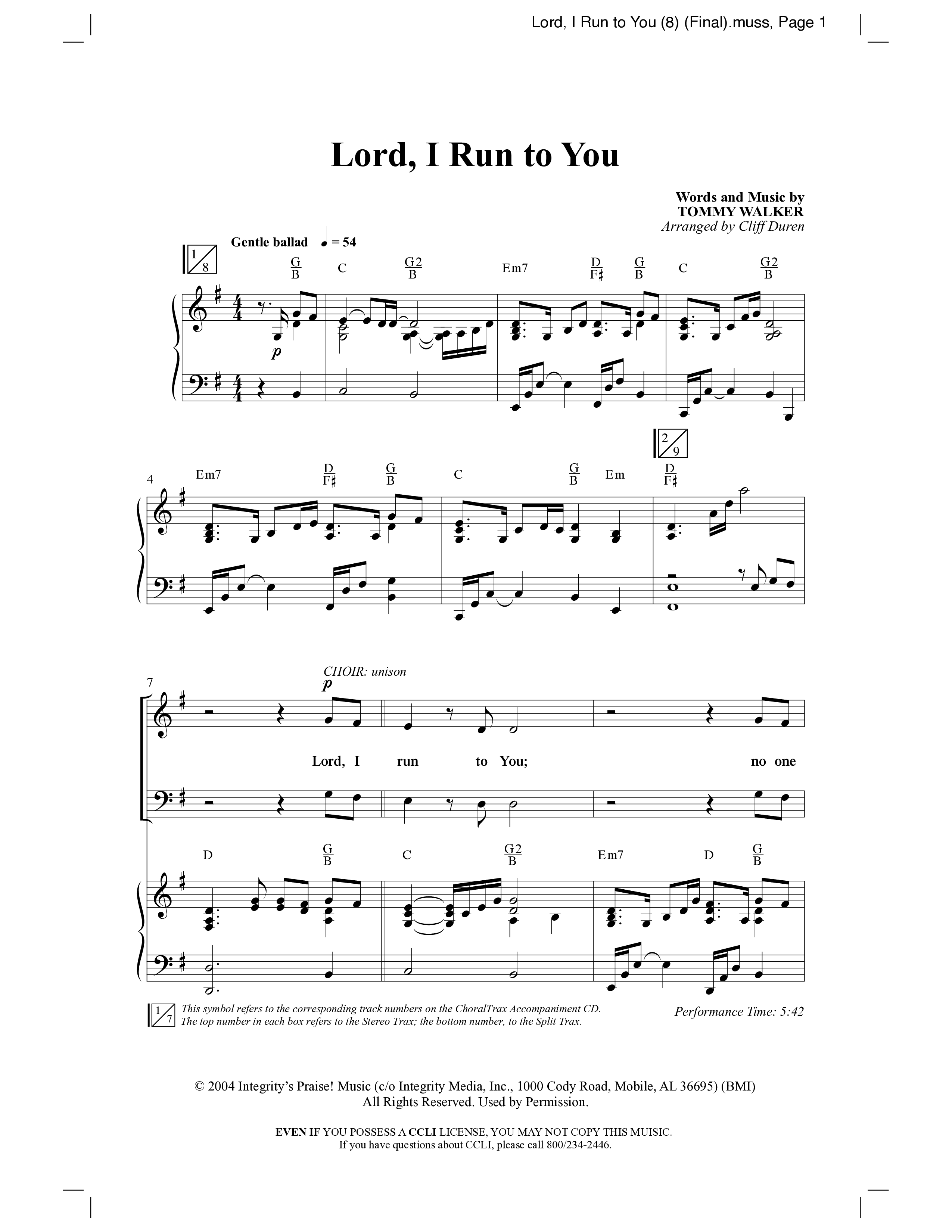 Lord I Run To You (Choral Anthem SATB) Anthem (SATB/Piano) (Word Music Choral / Arr. Cliff Duren)