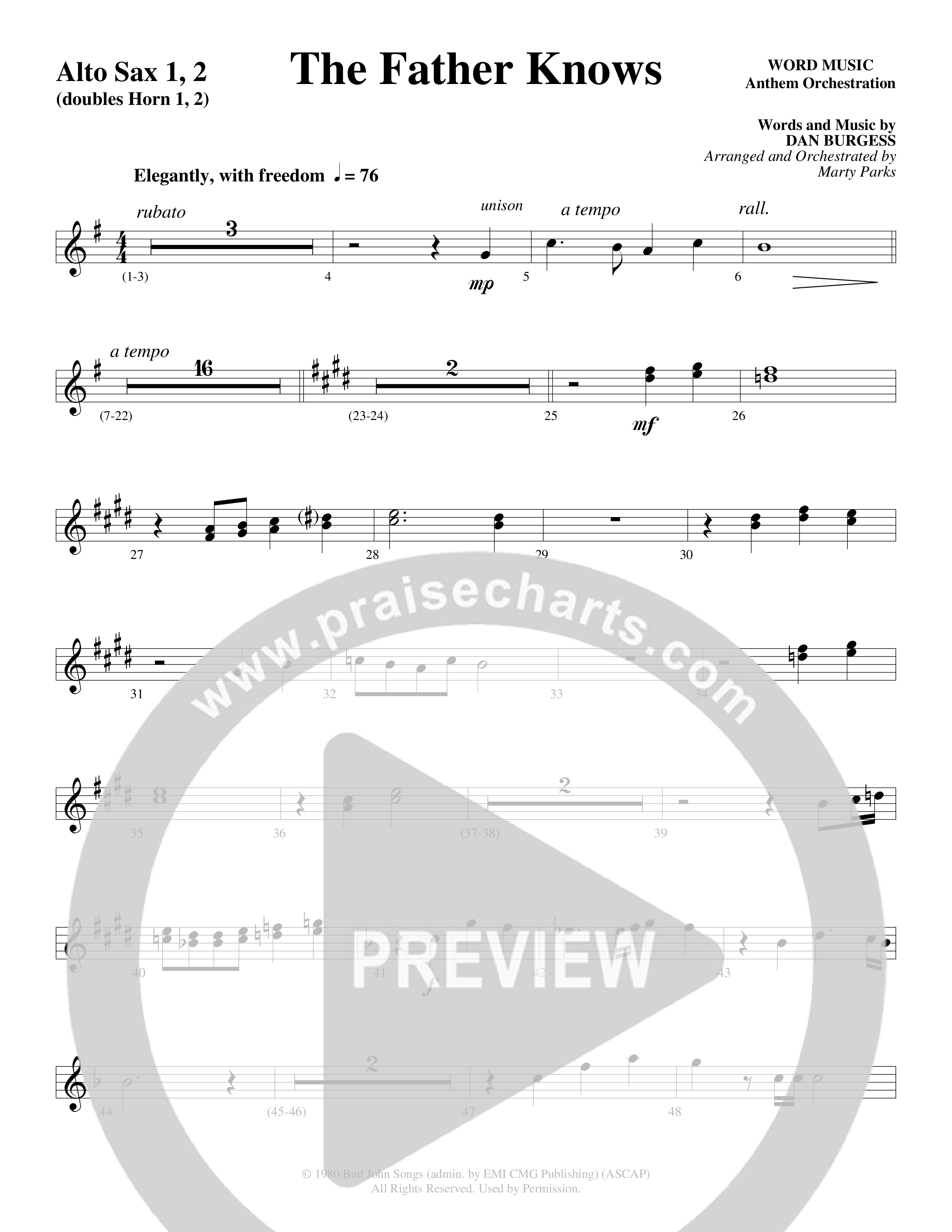 The Father Knows (Choral Anthem SATB) Alto Sax 1/2 (Word Music Choral / Arr. Marty Parks)