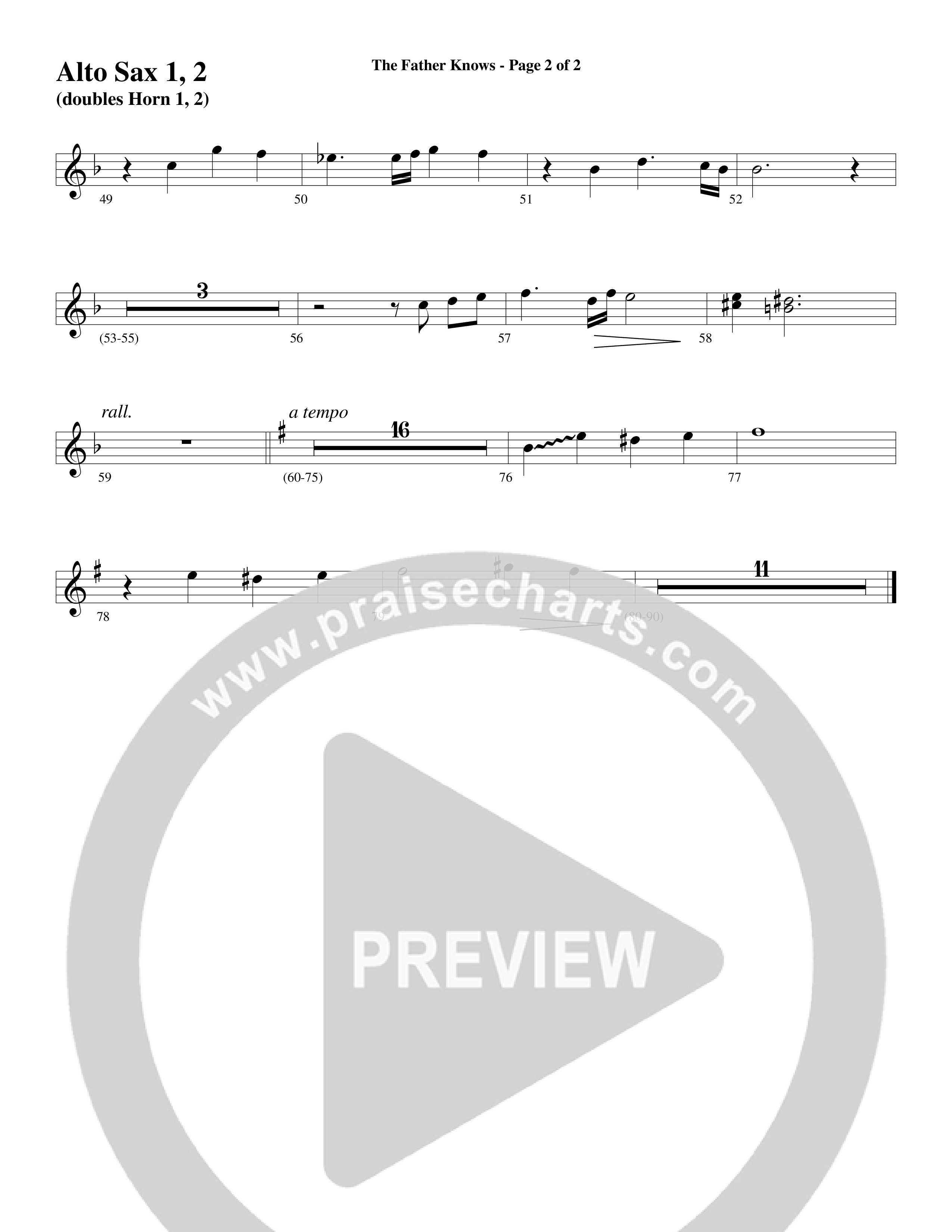 The Father Knows (Choral Anthem SATB) Alto Sax 1/2 (Word Music Choral / Arr. Marty Parks)