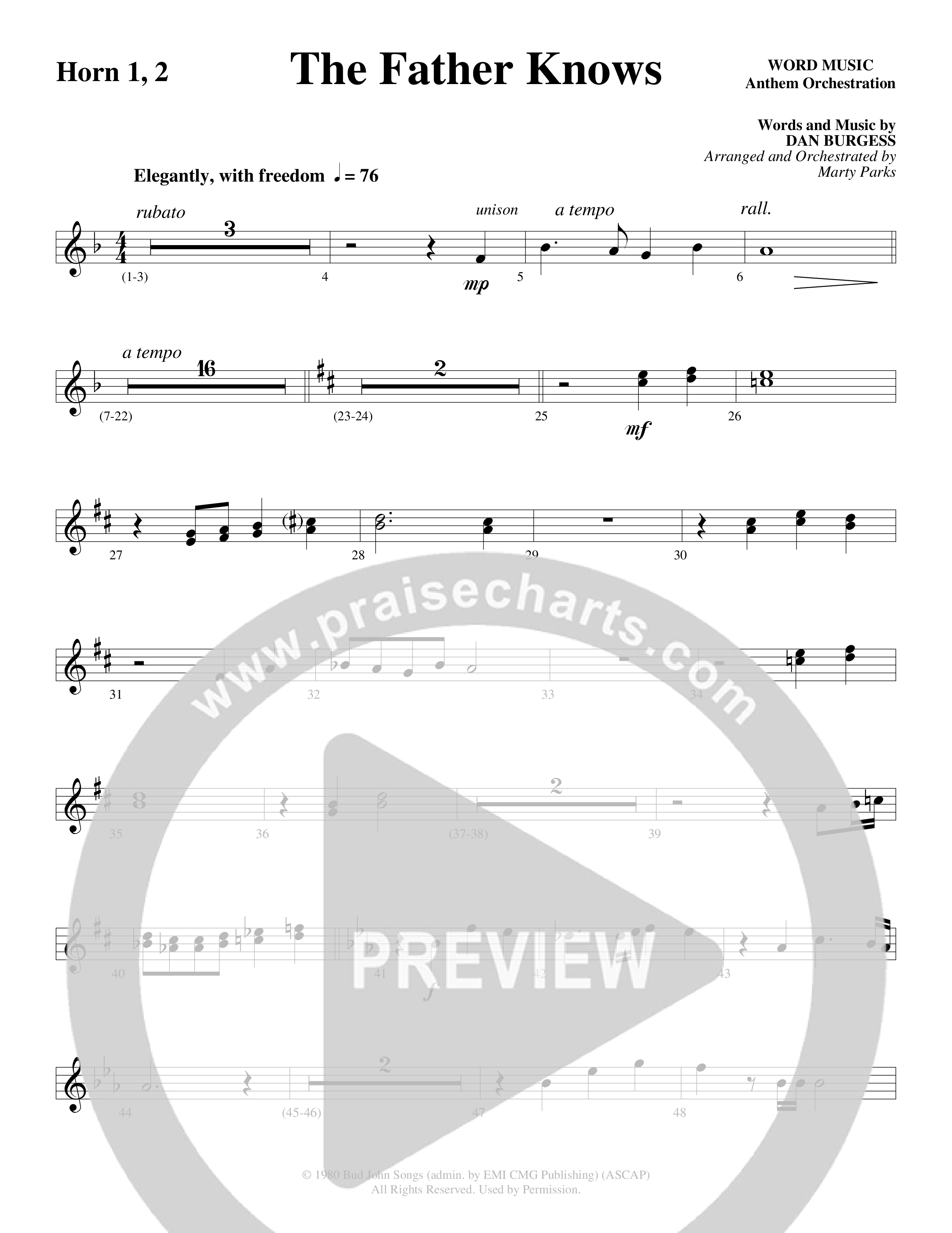 The Father Knows (Choral Anthem SATB) French Horn 1/2 (Word Music Choral / Arr. Marty Parks)