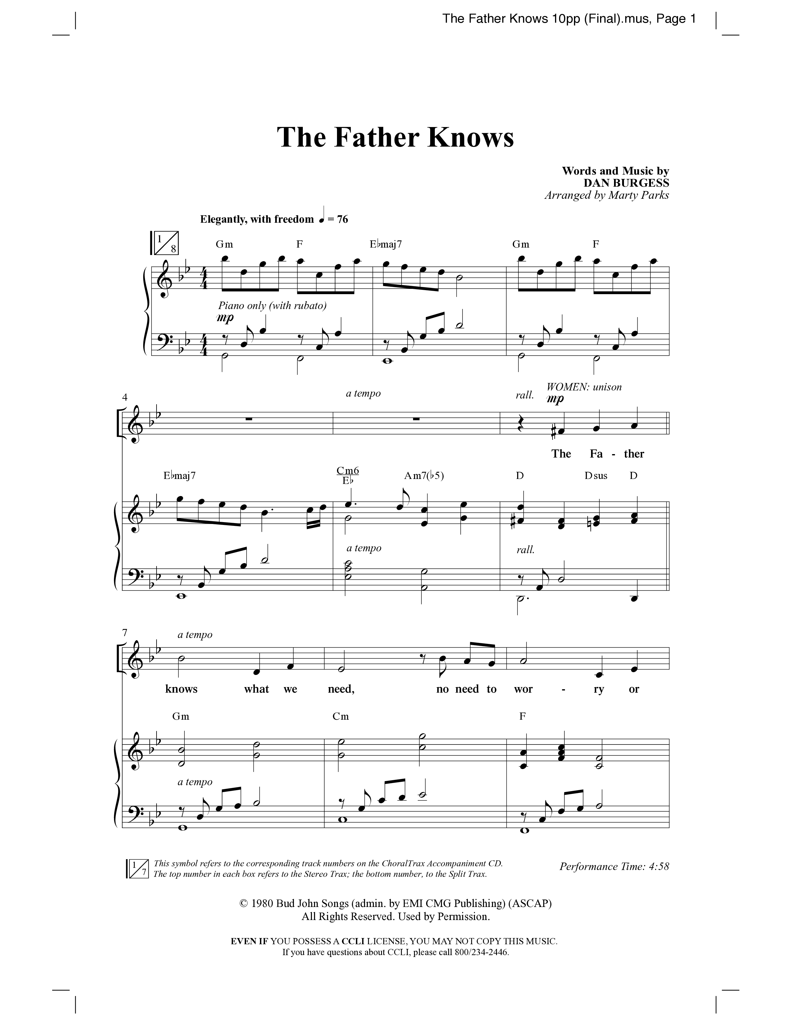 The Father Knows (Choral Anthem SATB) Anthem (SATB/Piano) (Word Music Choral / Arr. Marty Parks)